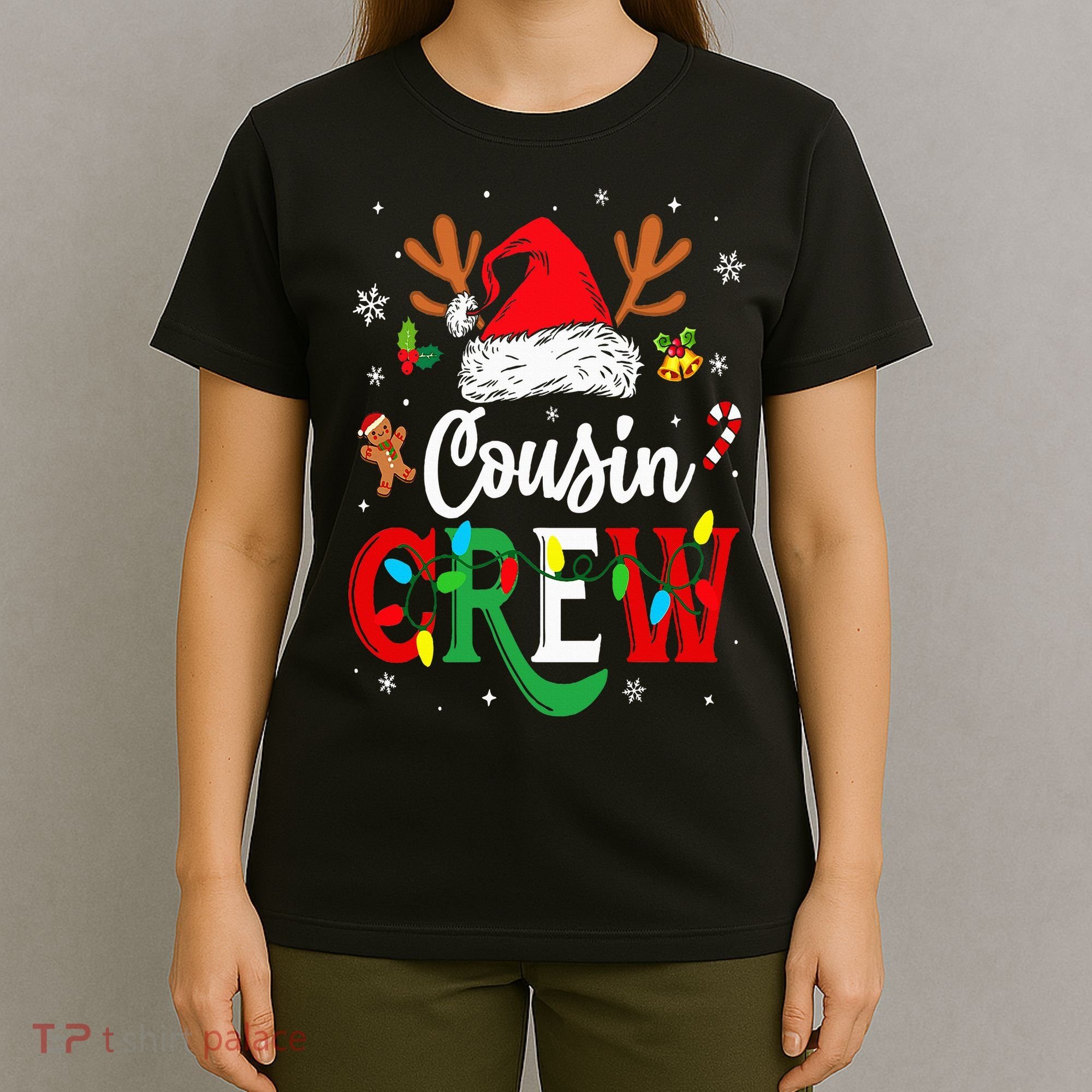 Christmas Cousin Crew Reindeer Santa Hat Lights T-Shirt