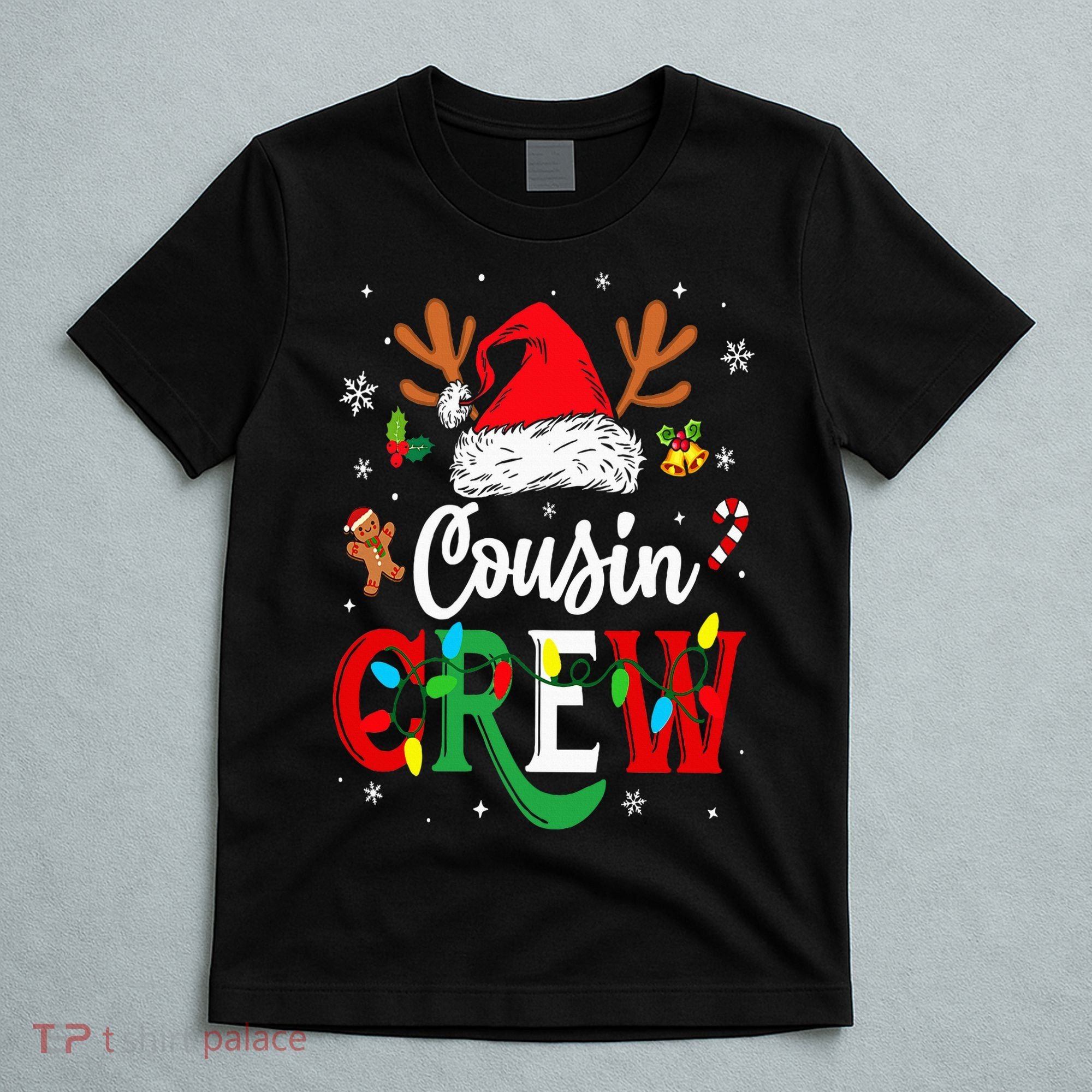 Christmas Cousin Crew Reindeer Santa Hat Lights T-Shirt