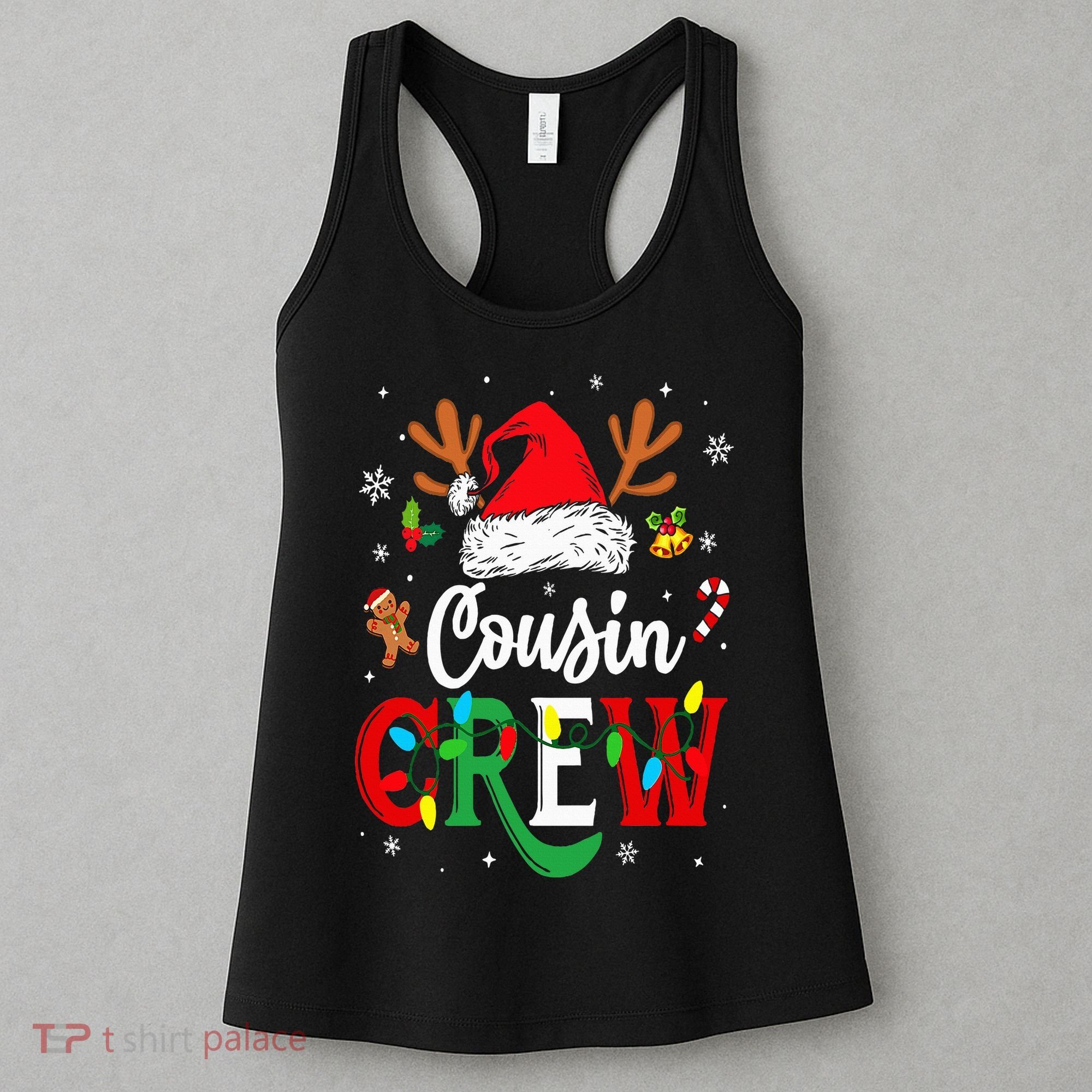 Christmas Cousin Crew Reindeer Santa Hat Lights Women's Tank Top
