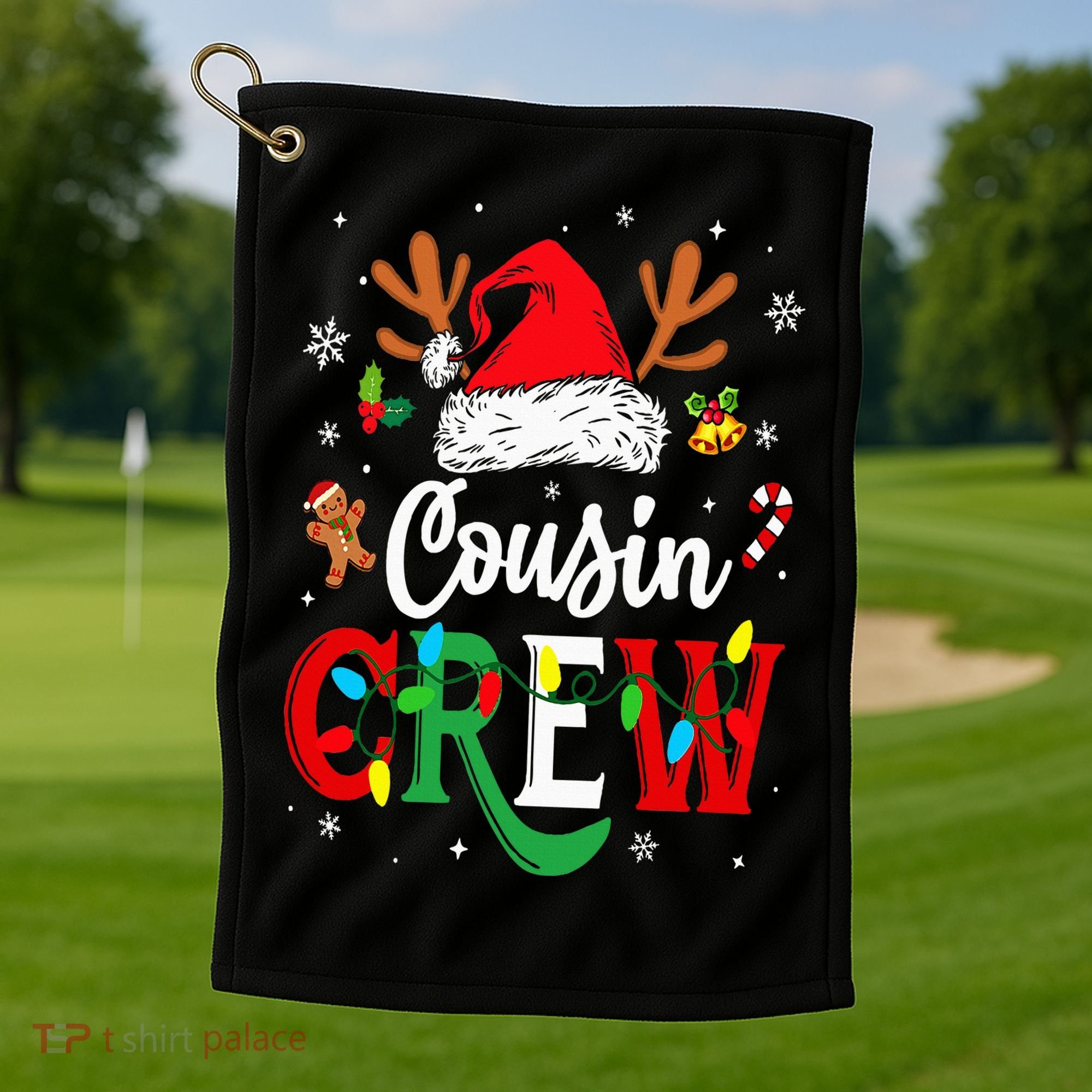 Christmas Cousin Crew Reindeer Santa Hat Lights Golf Towel