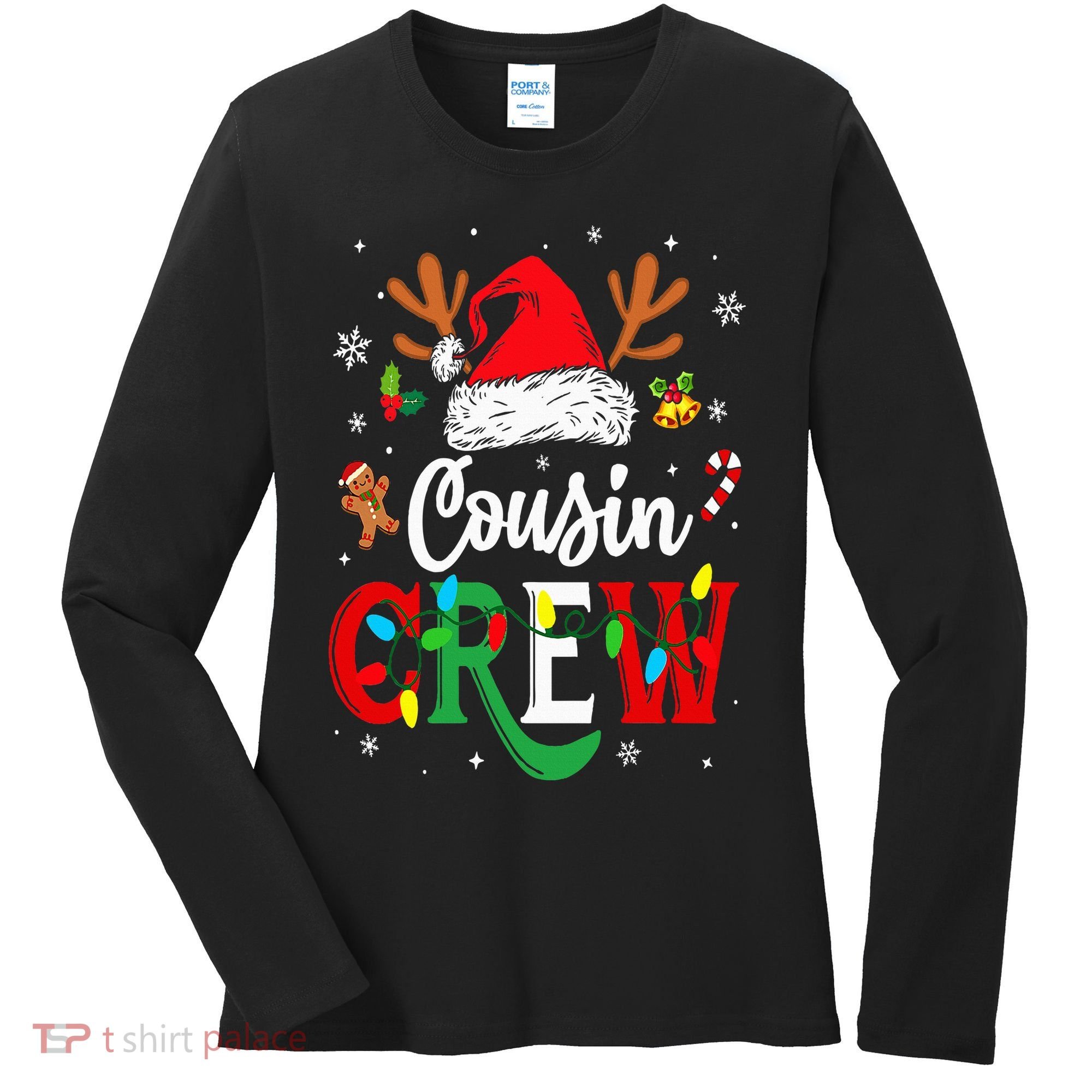 Christmas Cousin Crew Reindeer Santa Hat Lights Women's Long Sleeve Shirt