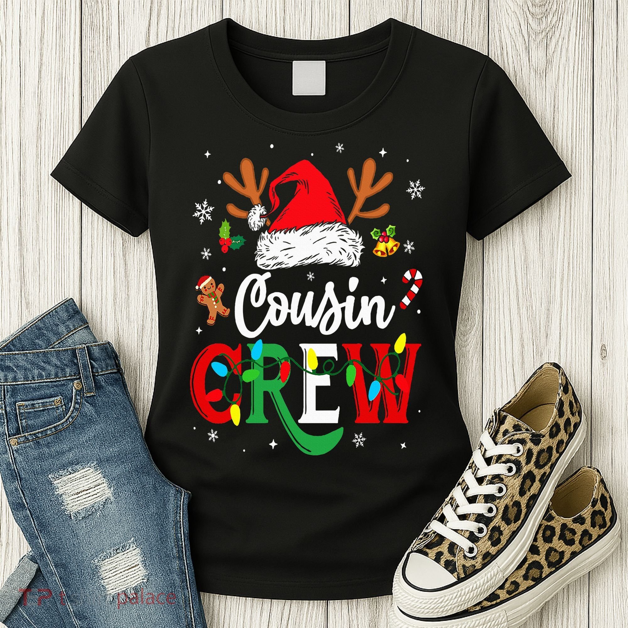 Christmas Cousin Crew Reindeer Santa Hat Lights Women's T-Shirt