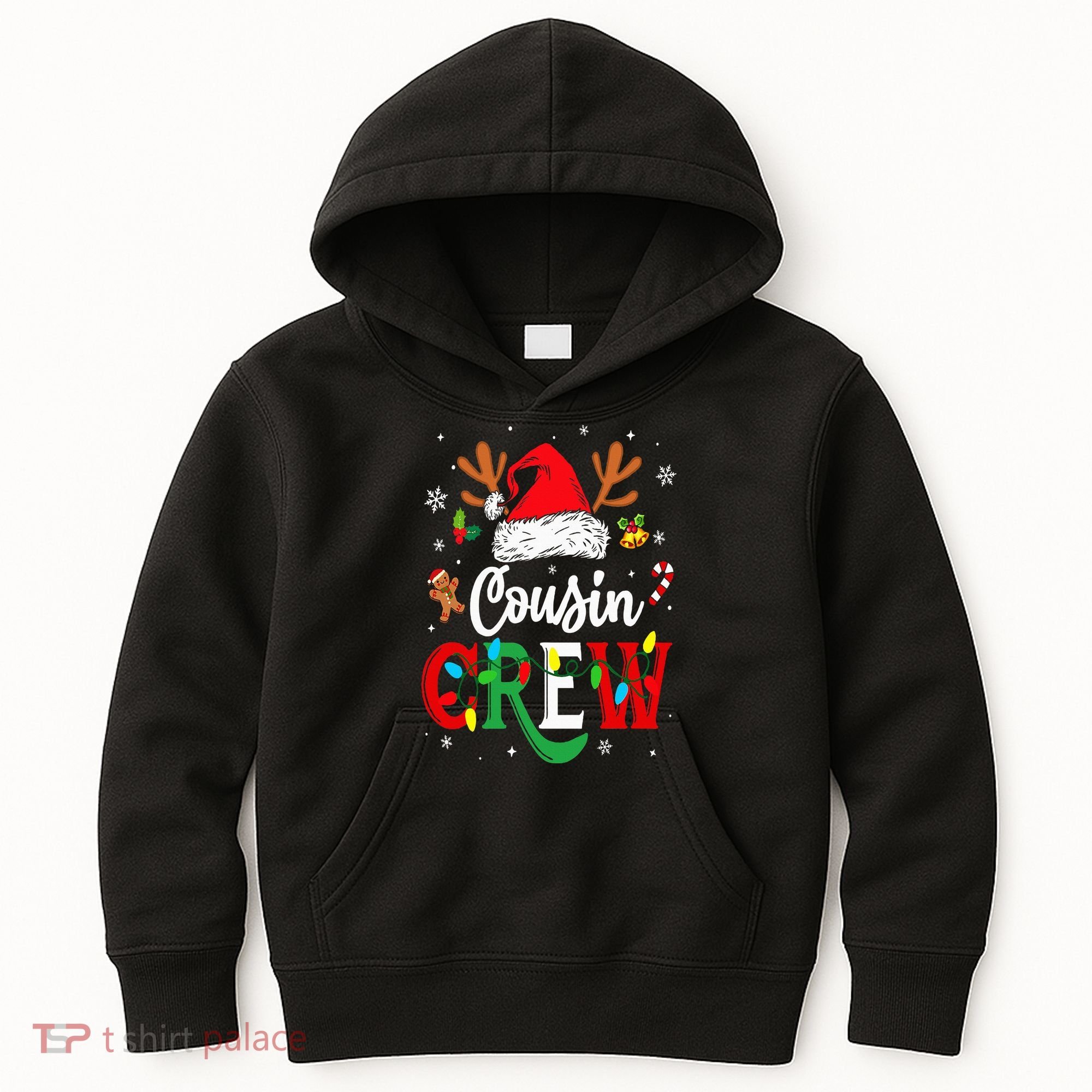 Christmas Cousin Crew Reindeer Santa Hat Lights Kids Hoodie