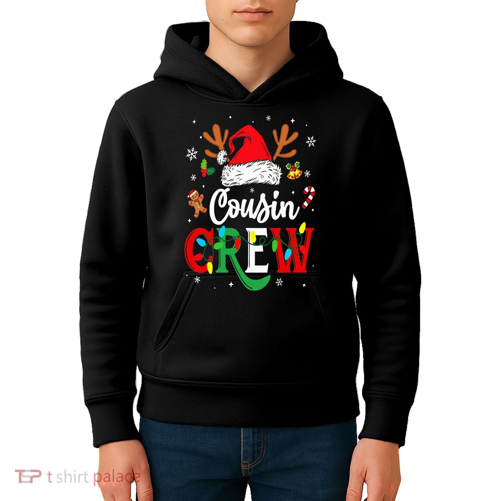Christmas Cousin Crew Reindeer Santa Hat Lights Kids Hoodie