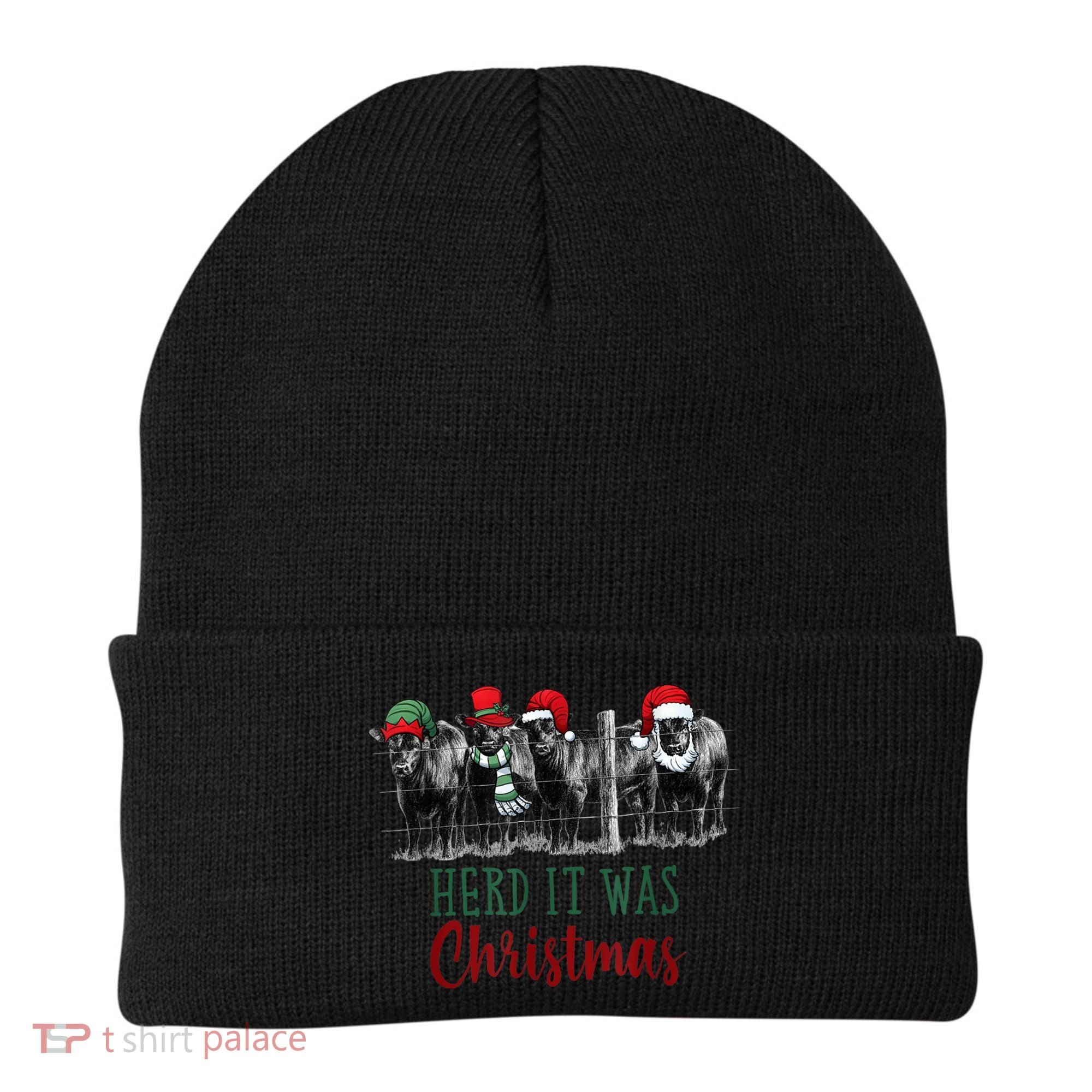 Cute Christmas Cows Herd It Was Christmas Funny Cow Shirt Beanie