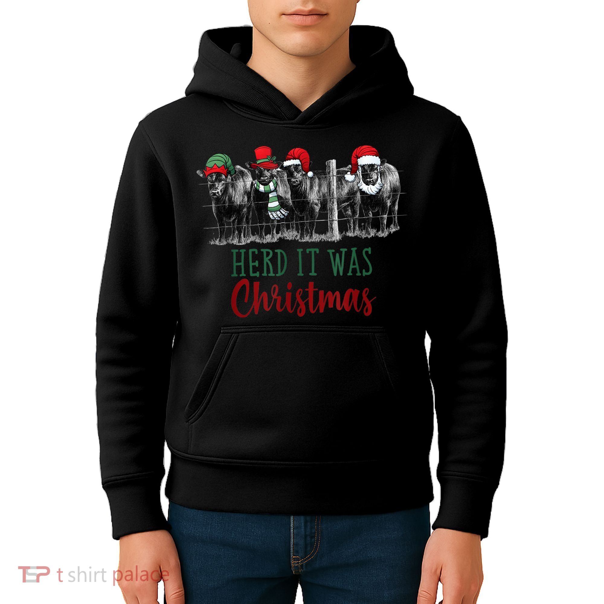 Cute Christmas Cows Herd It Was Christmas Funny Cow Shirt Kids Hoodie