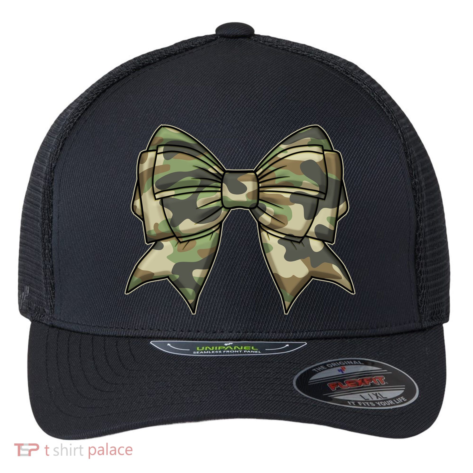 Cute Camo Coquette Ribbon Bow Flexfit Unipanel Trucker Cap