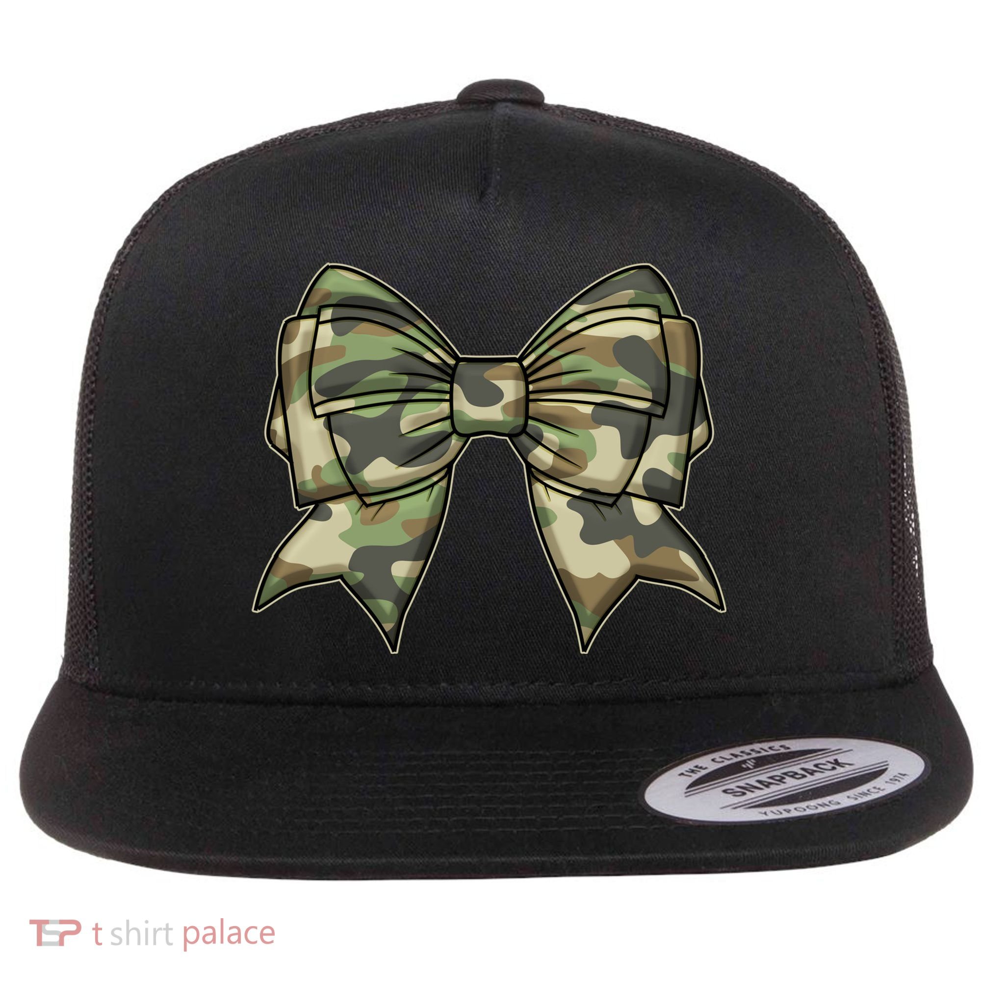 Cute Camo Coquette Ribbon Bow Flat Bill Trucker Hat