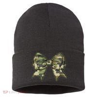 Cute Camo Coquette Ribbon Bow Sustainable Knit Beanie thumb 0