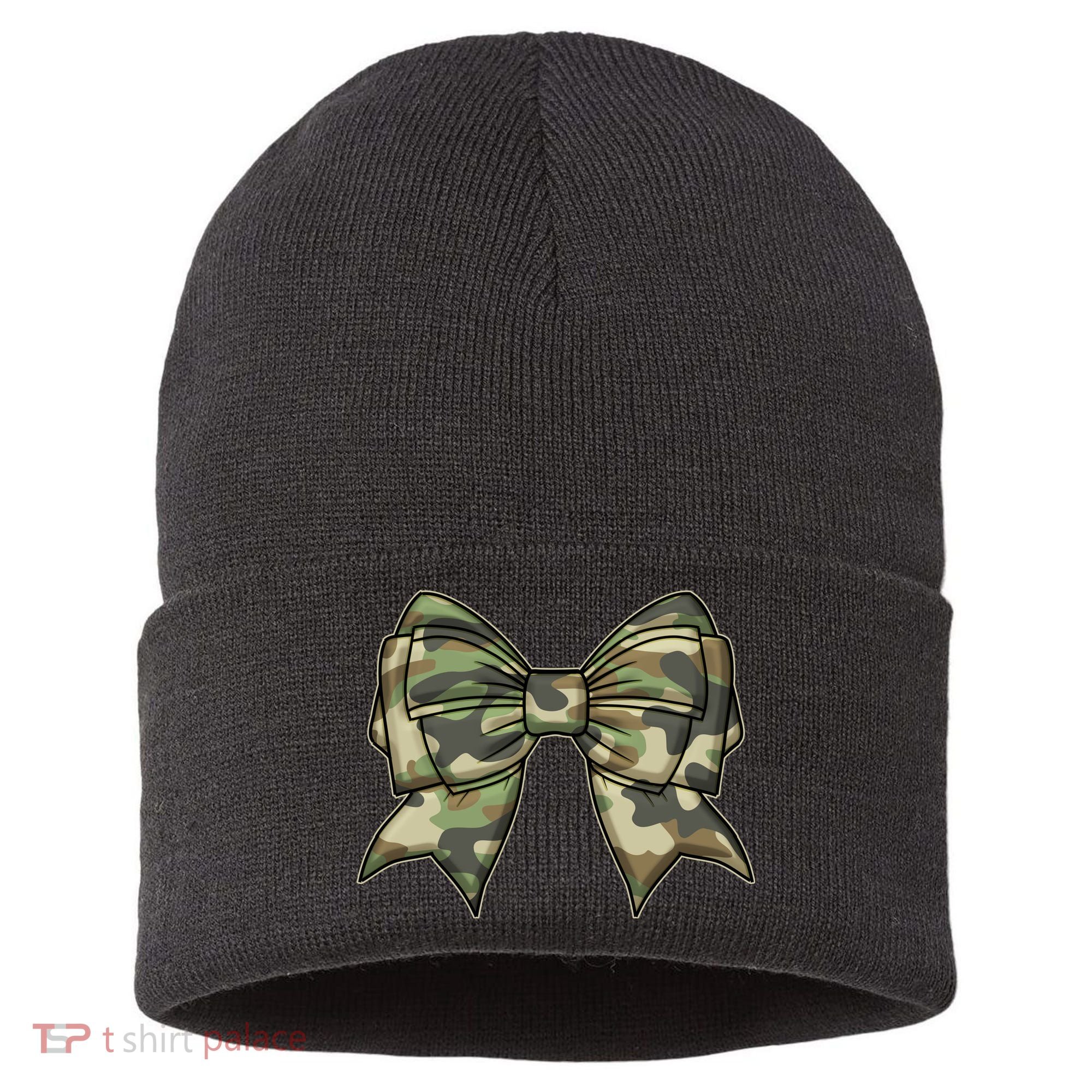 Cute Camo Coquette Ribbon Bow Sustainable Knit Beanie