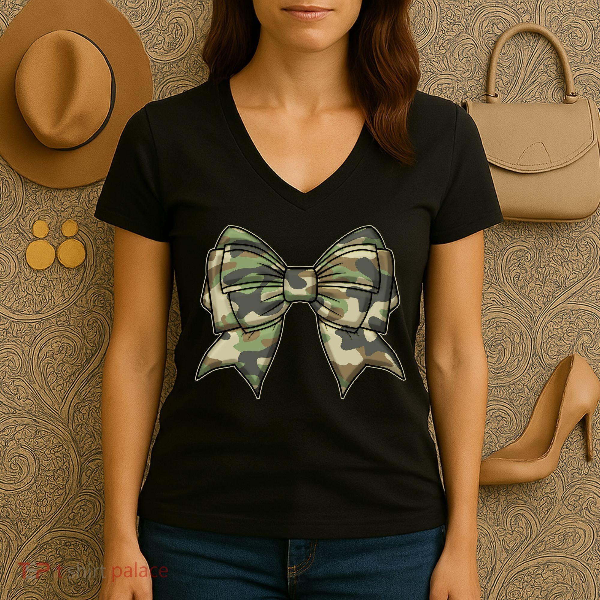 Cute Camo Coquette Ribbon Bow Women's V-Neck T-Shirt