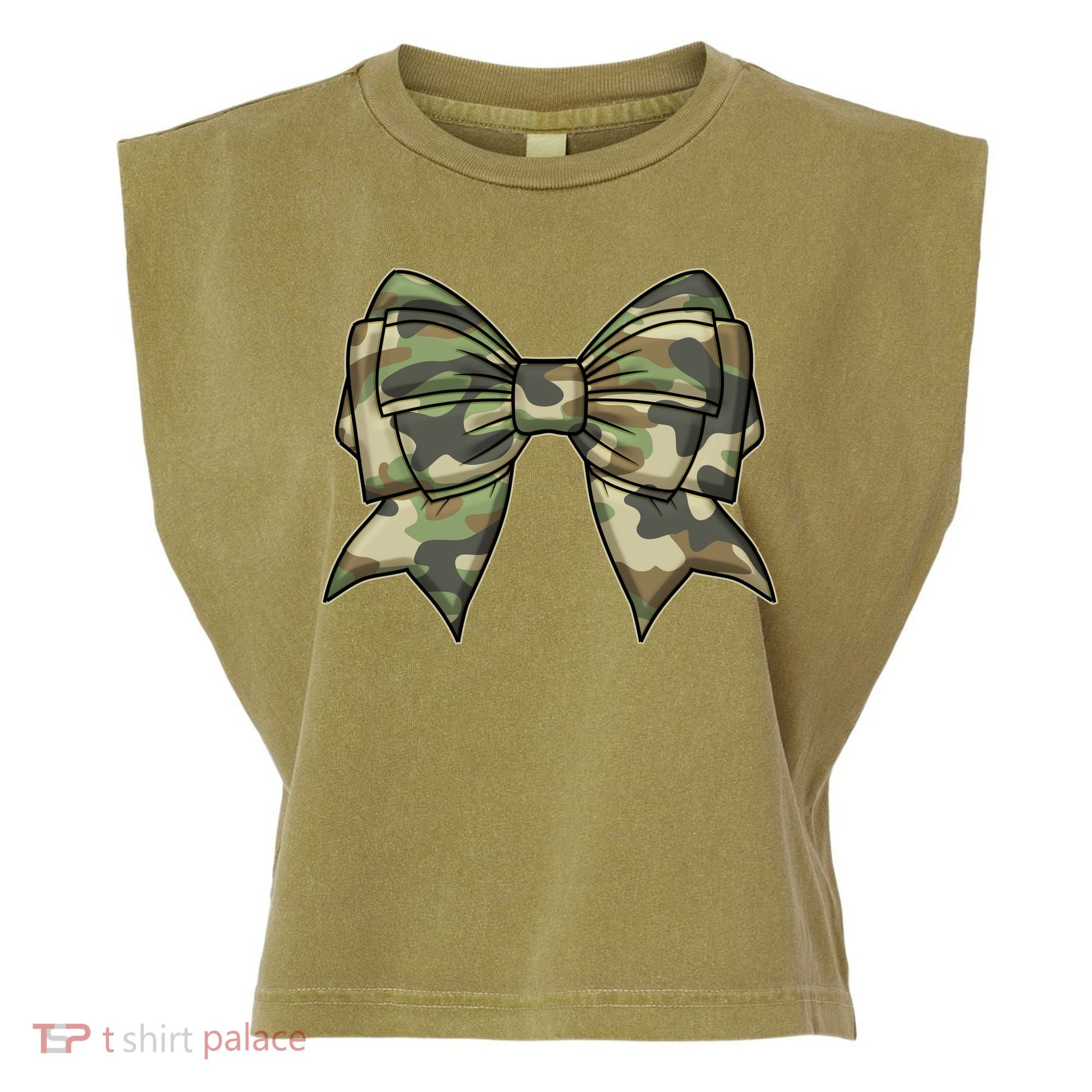 Cute Camo Coquette Ribbon Bow Garment-Dyed Women's Muscle Tee