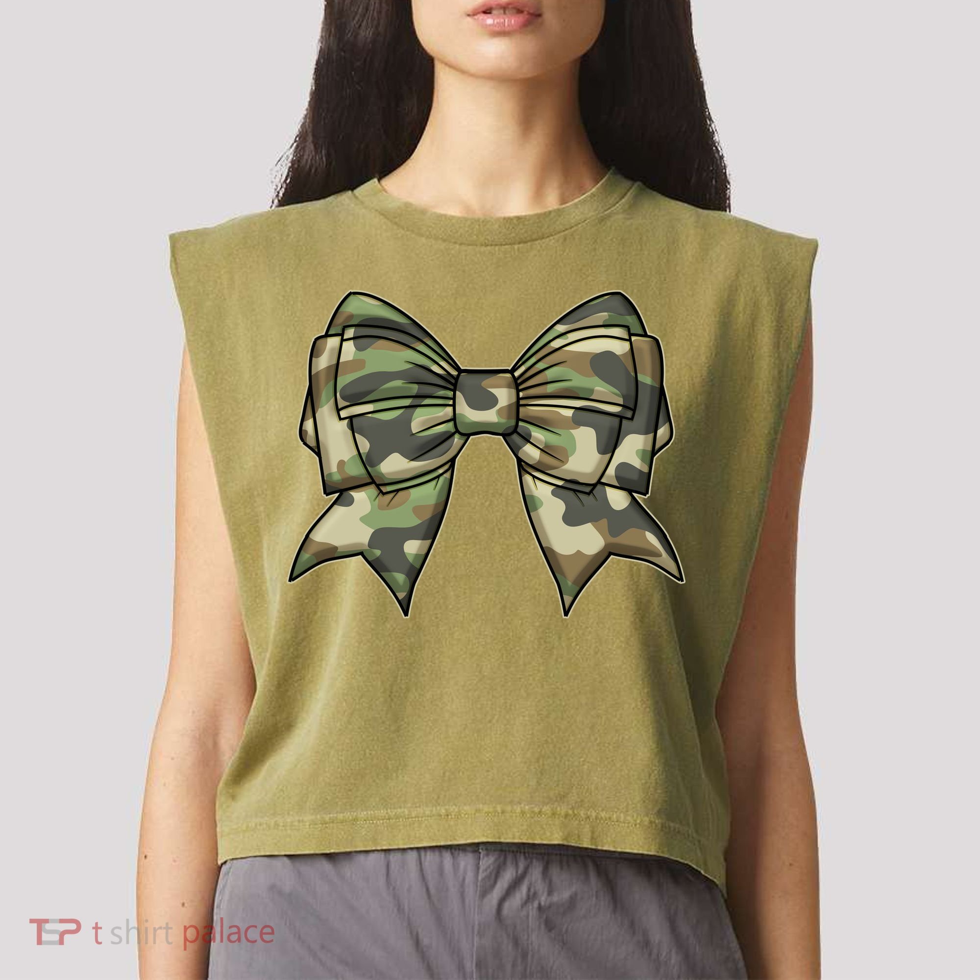 Cute Camo Coquette Ribbon Bow Garment-Dyed Women's Muscle Tee
