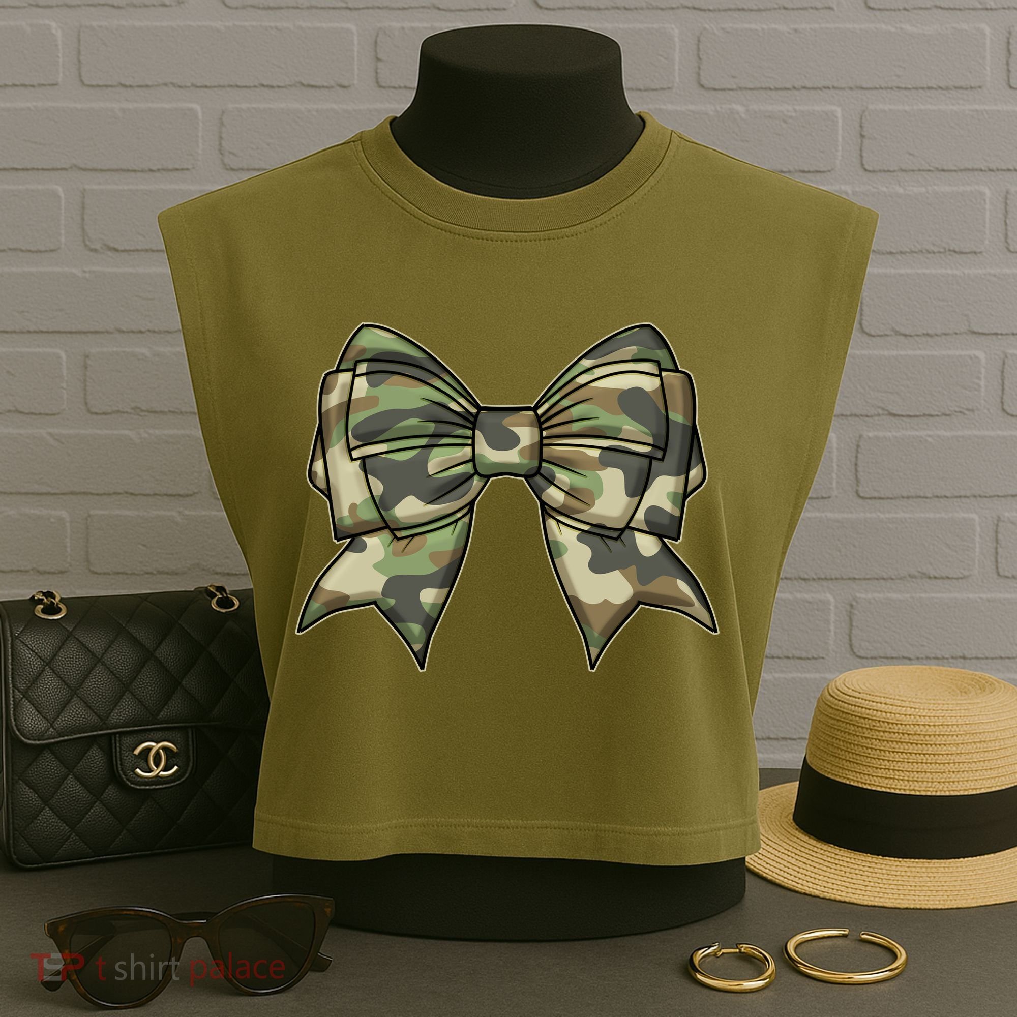 Cute Camo Coquette Ribbon Bow Garment-Dyed Women's Muscle Tee