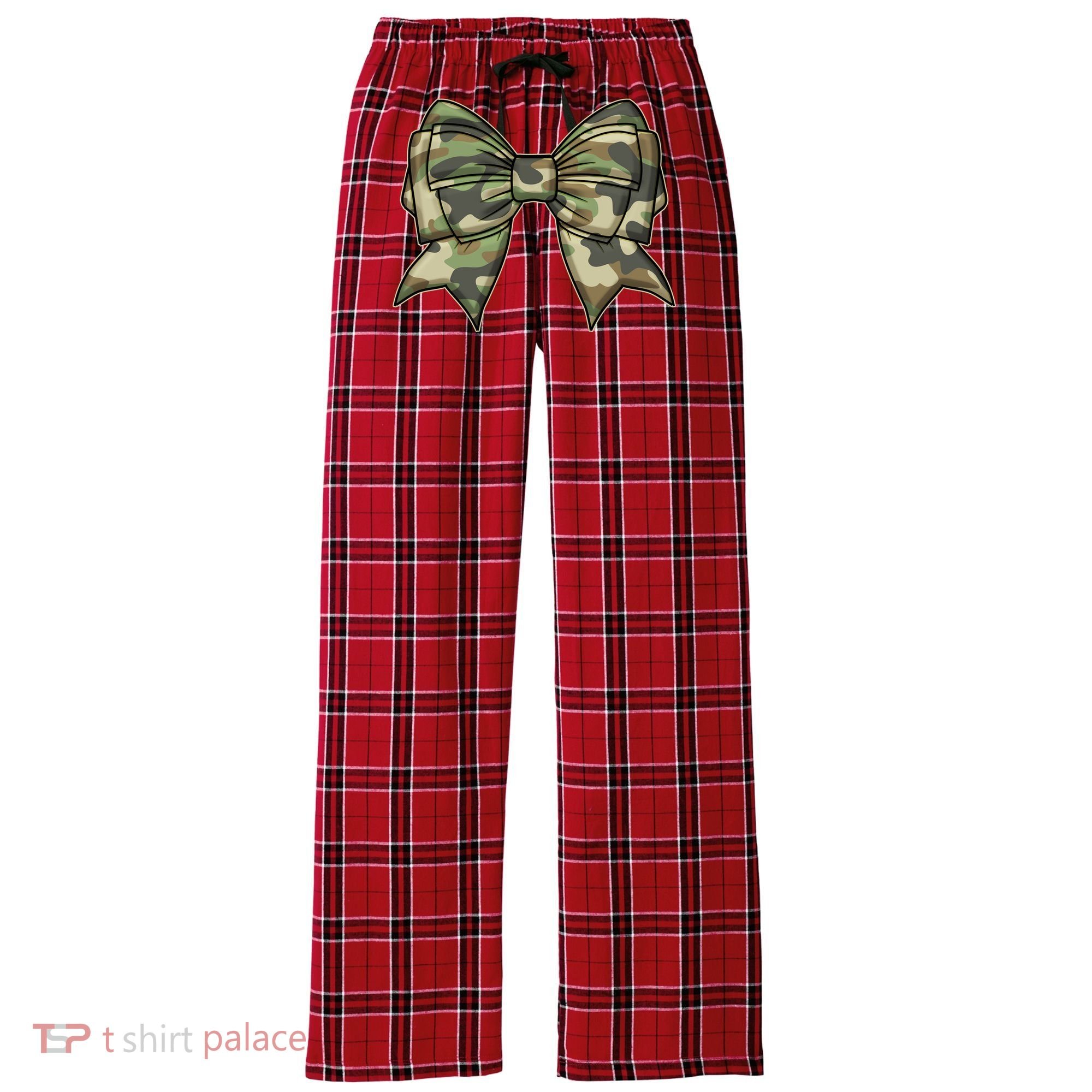 Cute Camo Coquette Ribbon Bow Women's Flannel Plaid Pajama Pants