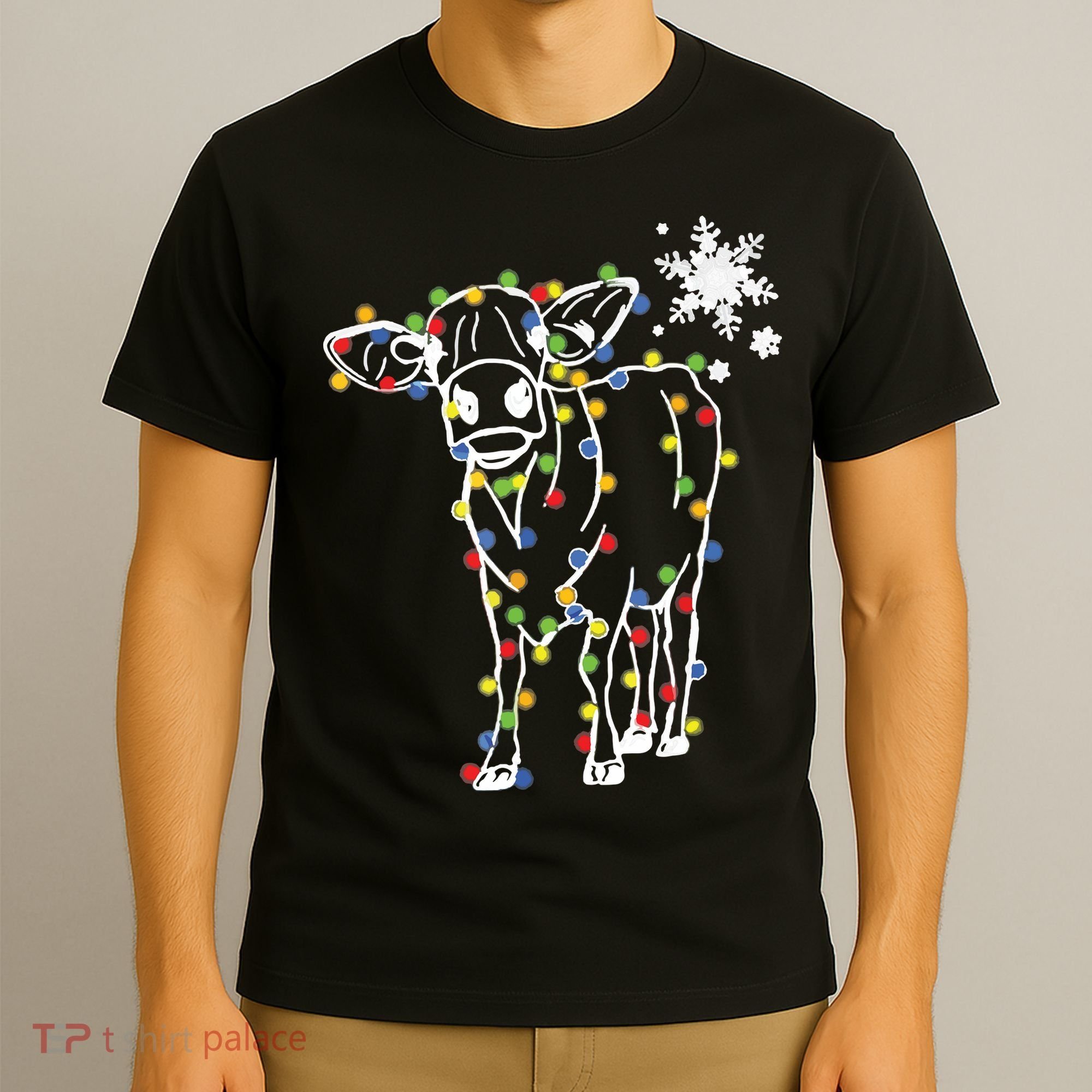 Cute Cow Christmas Lights Snow Lover Family Pajama Gifts T-Shirt