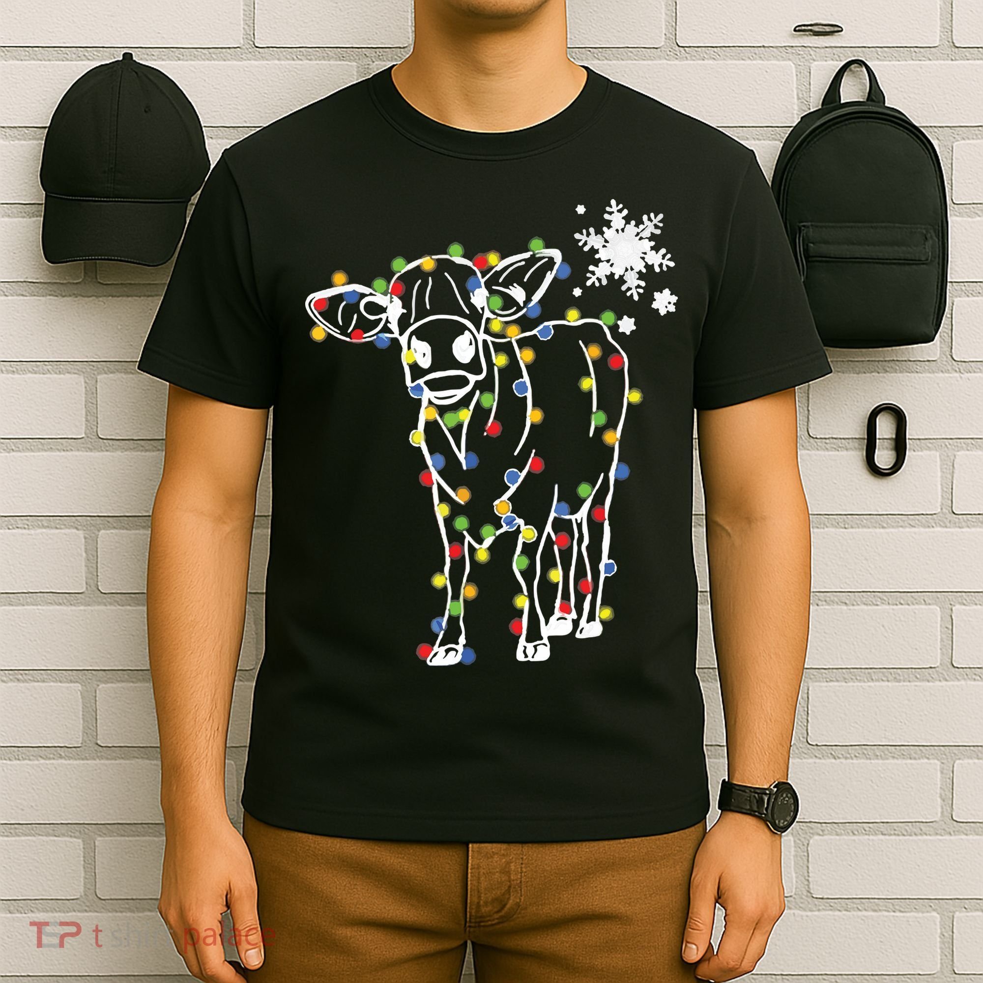 Cute Cow Christmas Lights Snow Lover Family Pajama Gifts T-Shirt