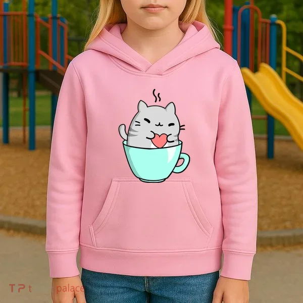 Cute Cat Coffee Lover Gift Kids Hoodie