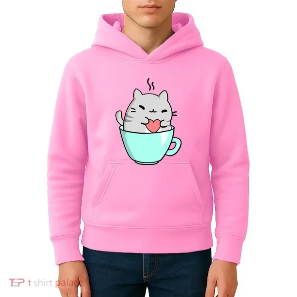 Cute Cat Coffee Lover Gift Kids Hoodie