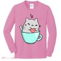Cute Cat Coffee Lover Gift Kids Long Sleeve Shirt thumb 0
