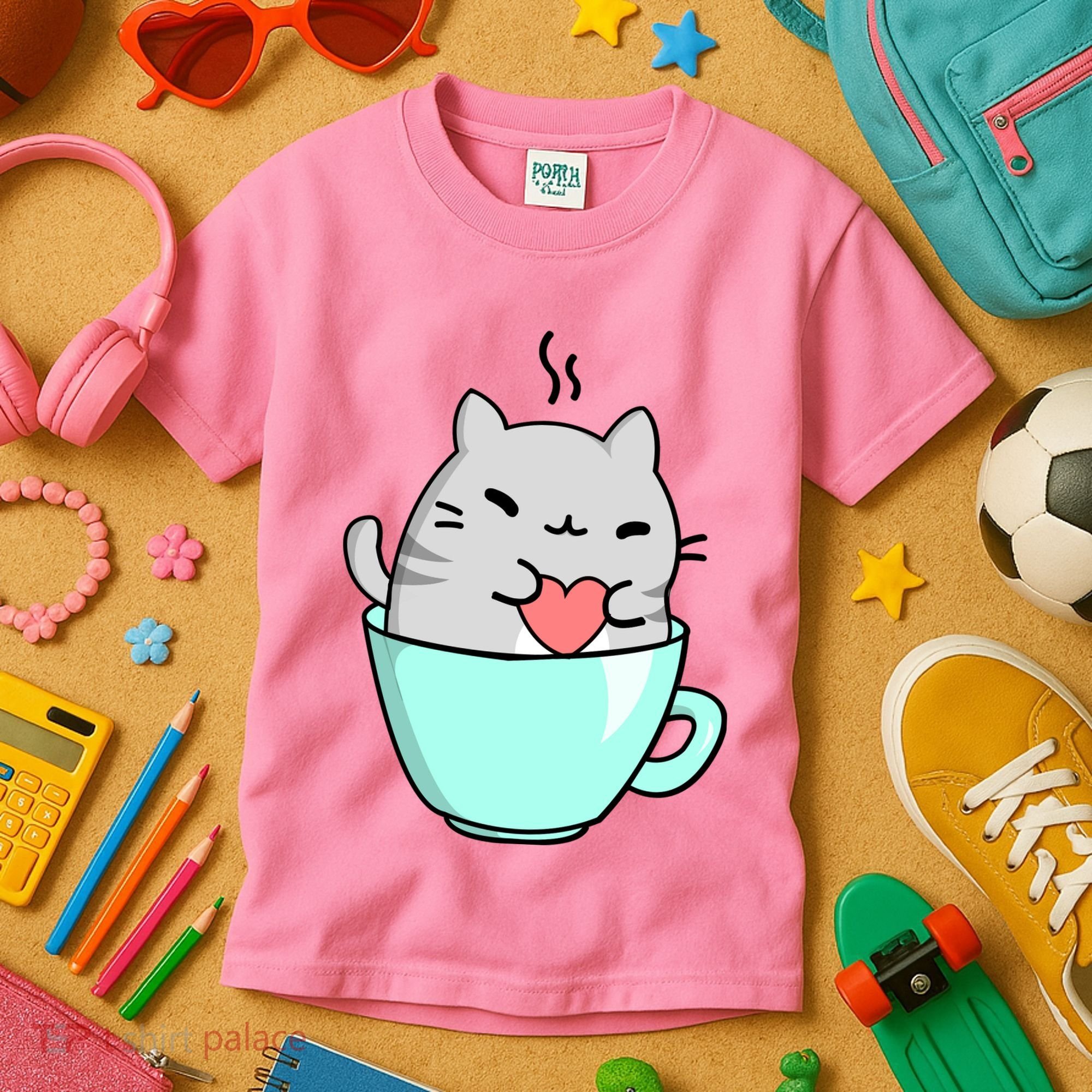 Cute Cat Coffee Lover Gift Kids T-Shirt