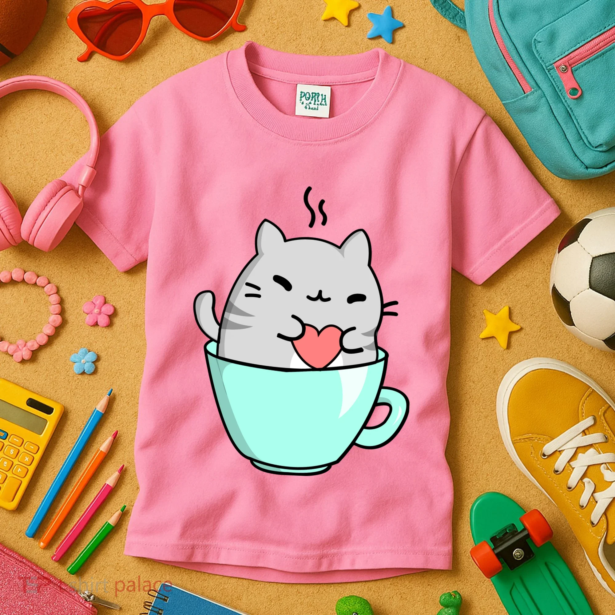 Cute Cat Coffee Lover Gift Kids T-Shirt