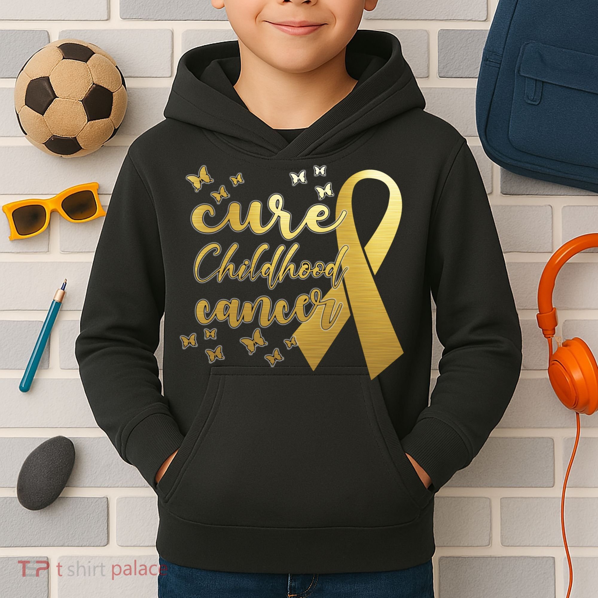 Cure Childhood Cancer Butterflies Ribbon Kids Hoodie