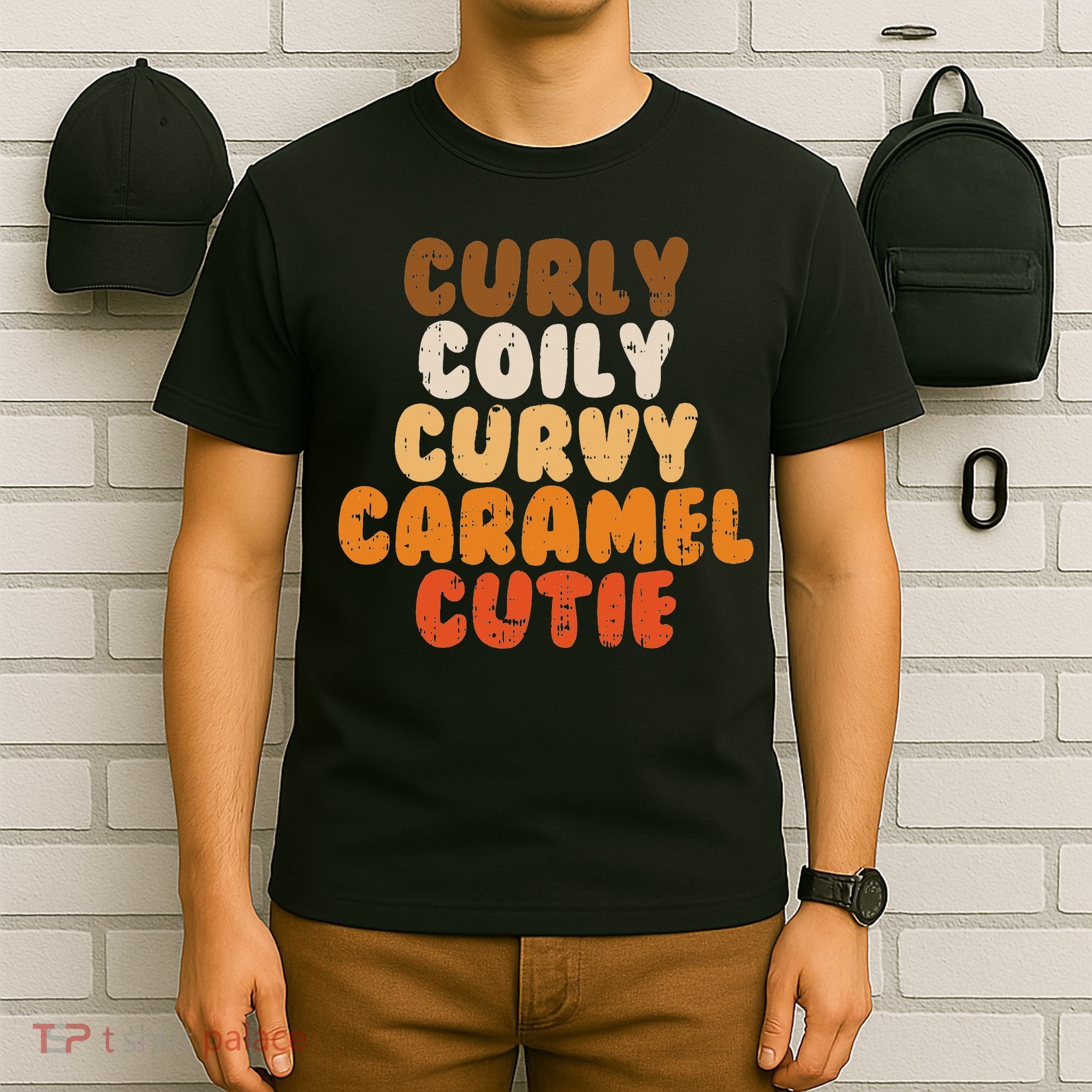 Curly Curvy Caramel Cutie Melanin Goddess Black Pride Gift T-Shirt