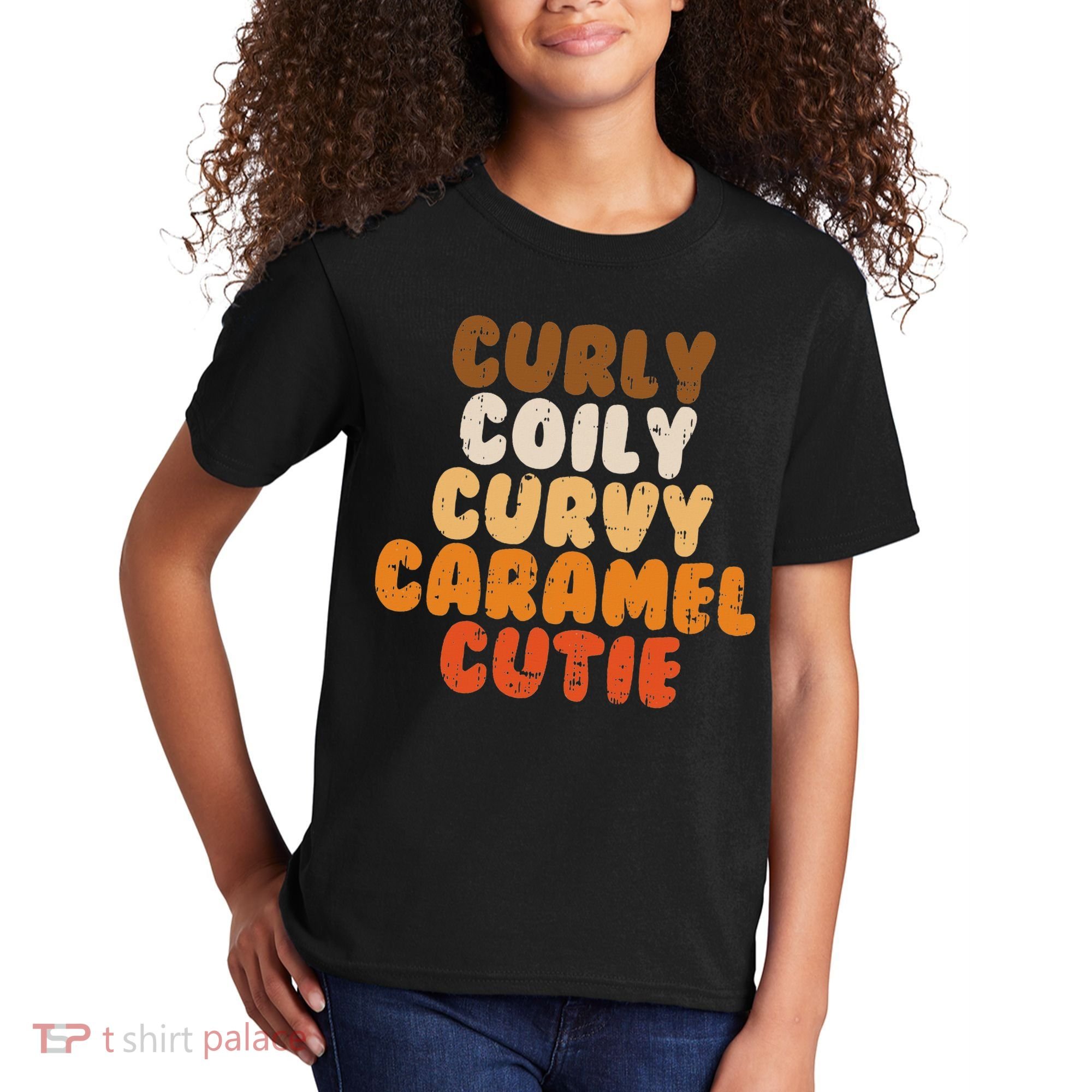 Curly Curvy Caramel Cutie Melanin Goddess Black Pride Gift Kids T-Shirt