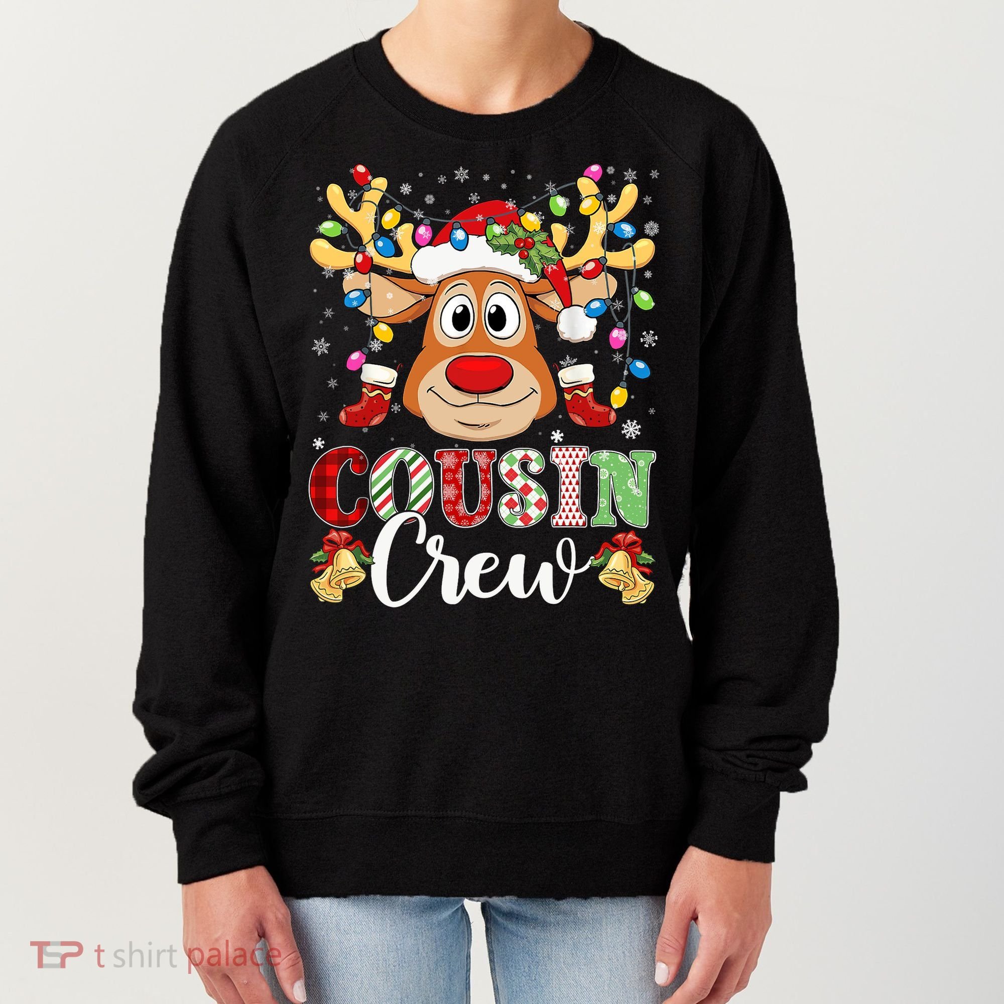 Christmas Cousin Crew Reindeer Santa Hat Lights Teens Women's Sweatshirt