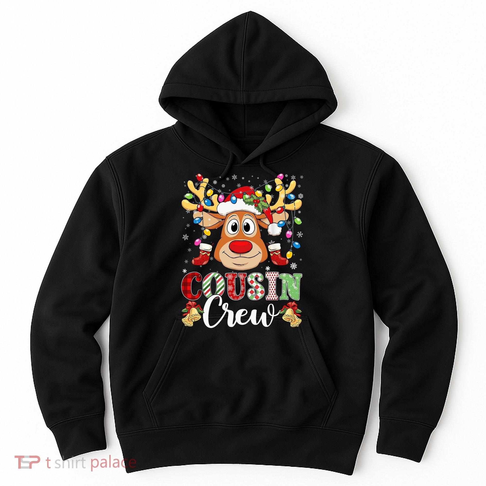 Christmas Cousin Crew Reindeer Santa Hat Lights Teens Hoodie