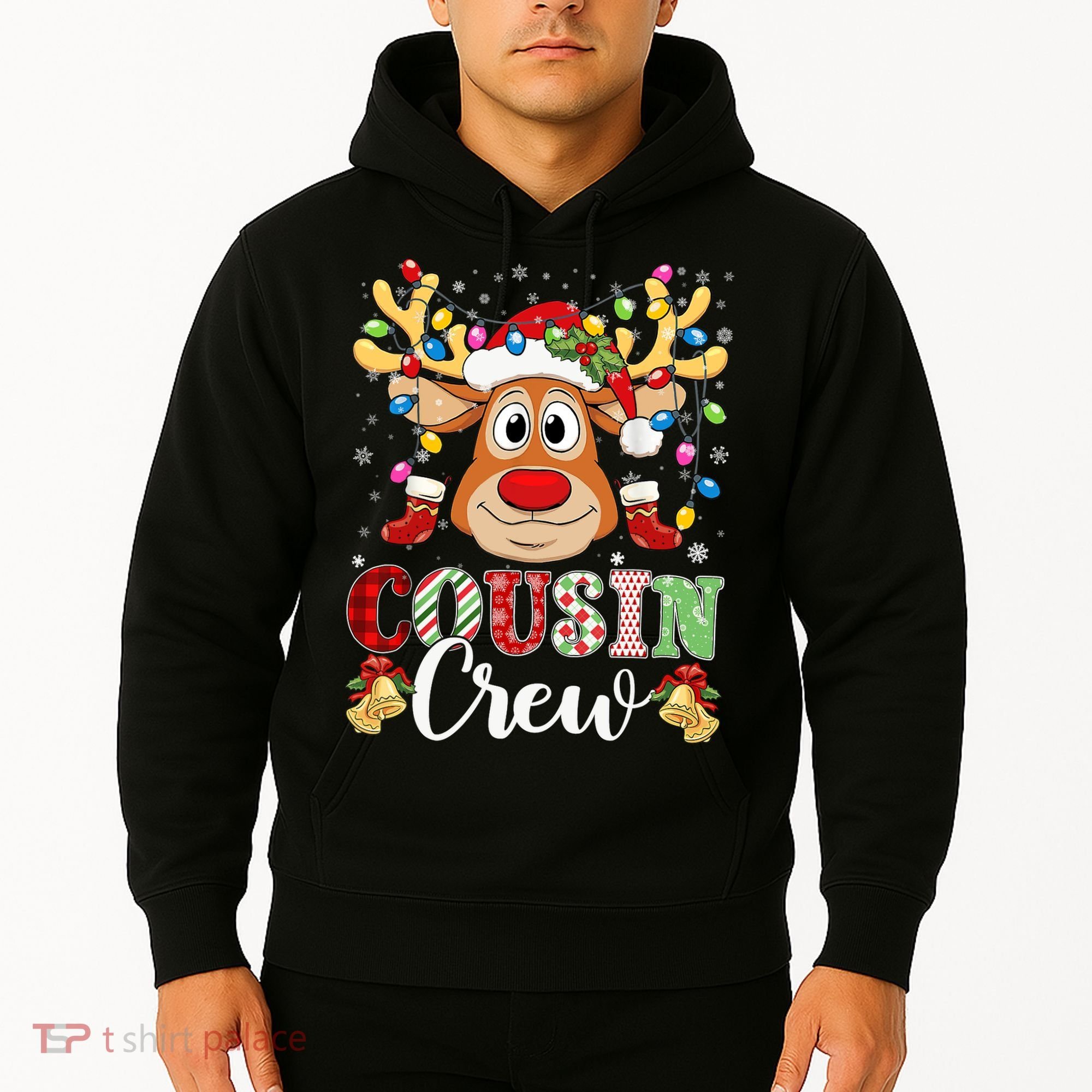 Christmas Cousin Crew Reindeer Santa Hat Lights Teens Hoodie
