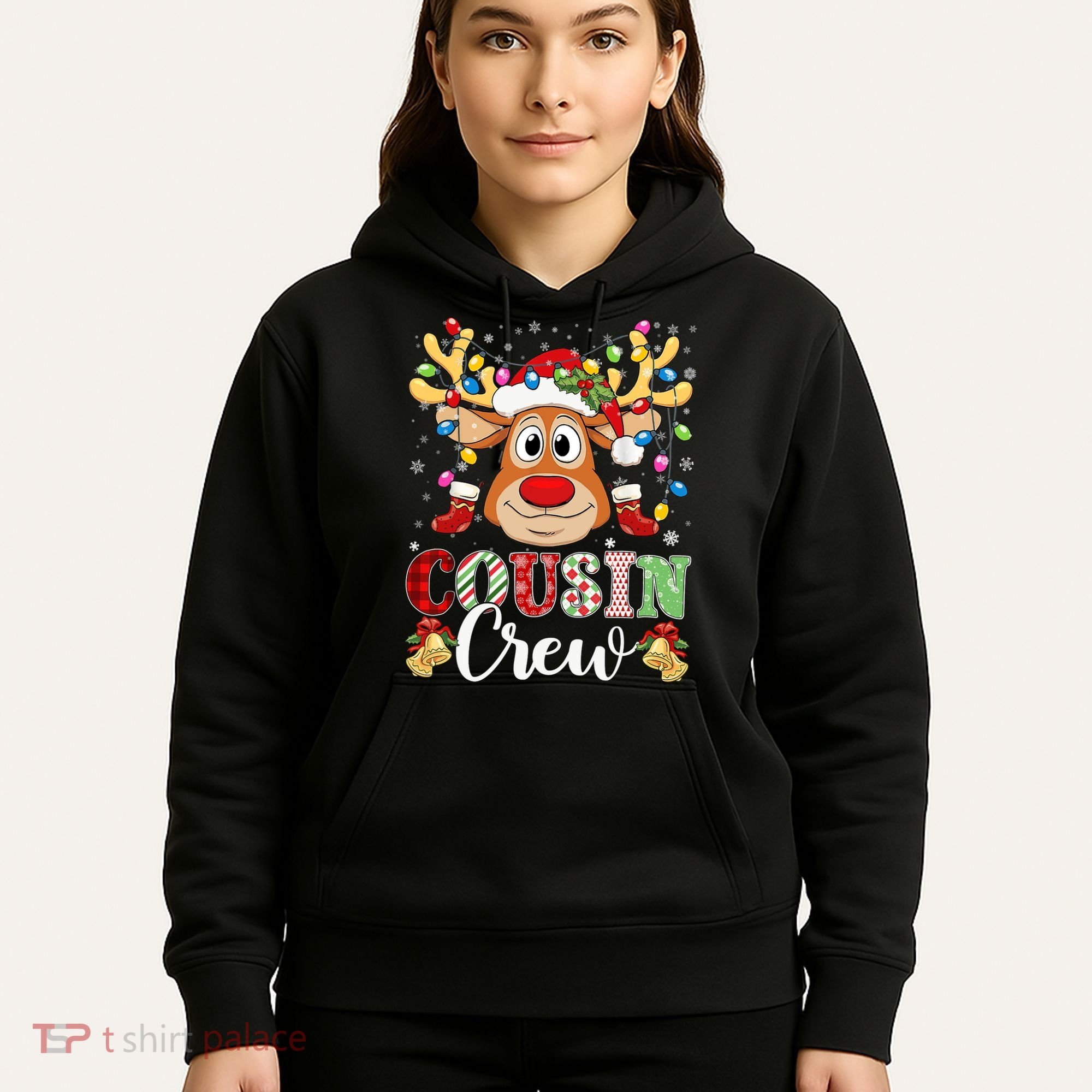 Christmas Cousin Crew Reindeer Santa Hat Lights Teens Hoodie