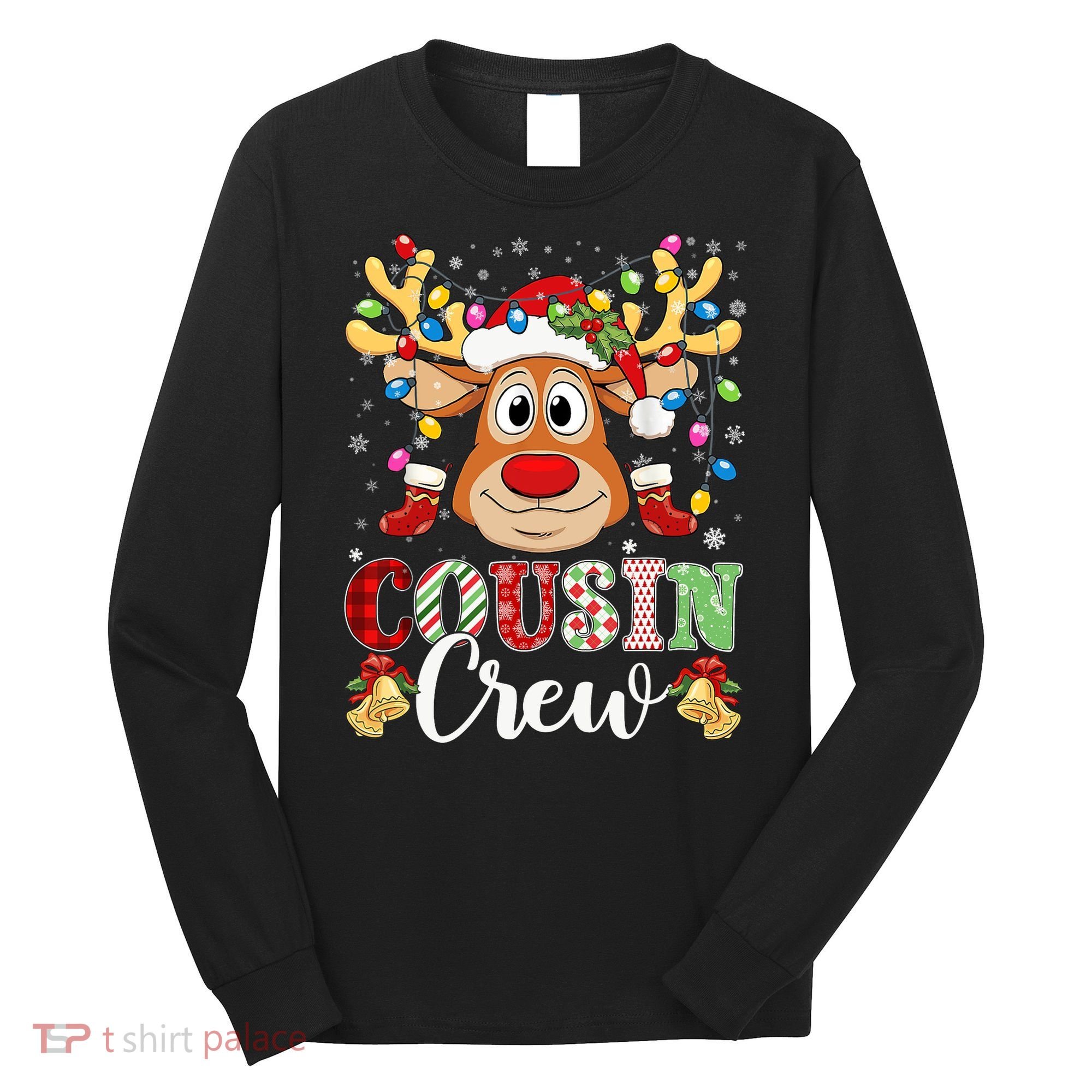 Christmas Cousin Crew Reindeer Santa Hat Lights Teens Long Sleeve Shirt
