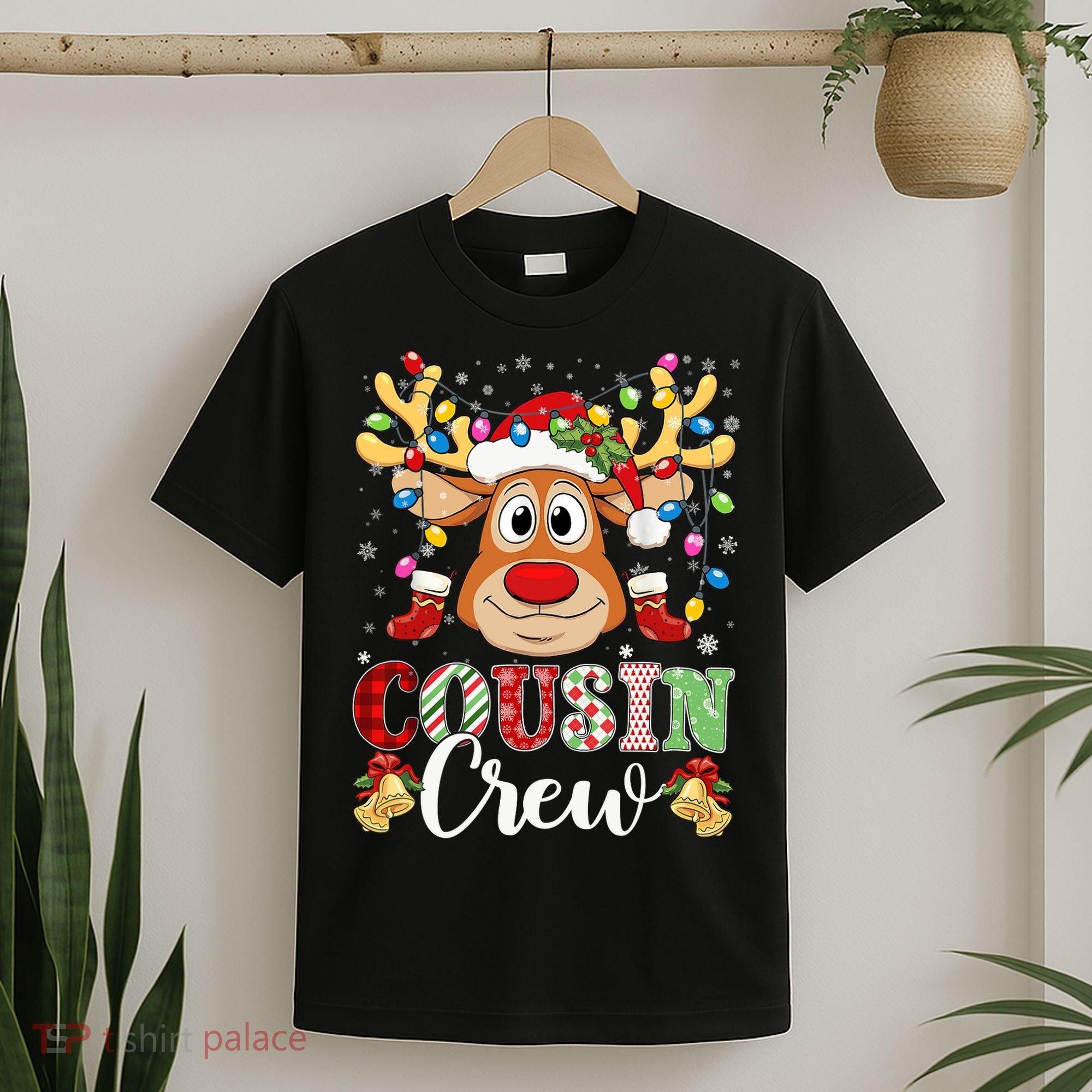Christmas Cousin Crew Reindeer Santa Hat Lights Teens T-Shirt