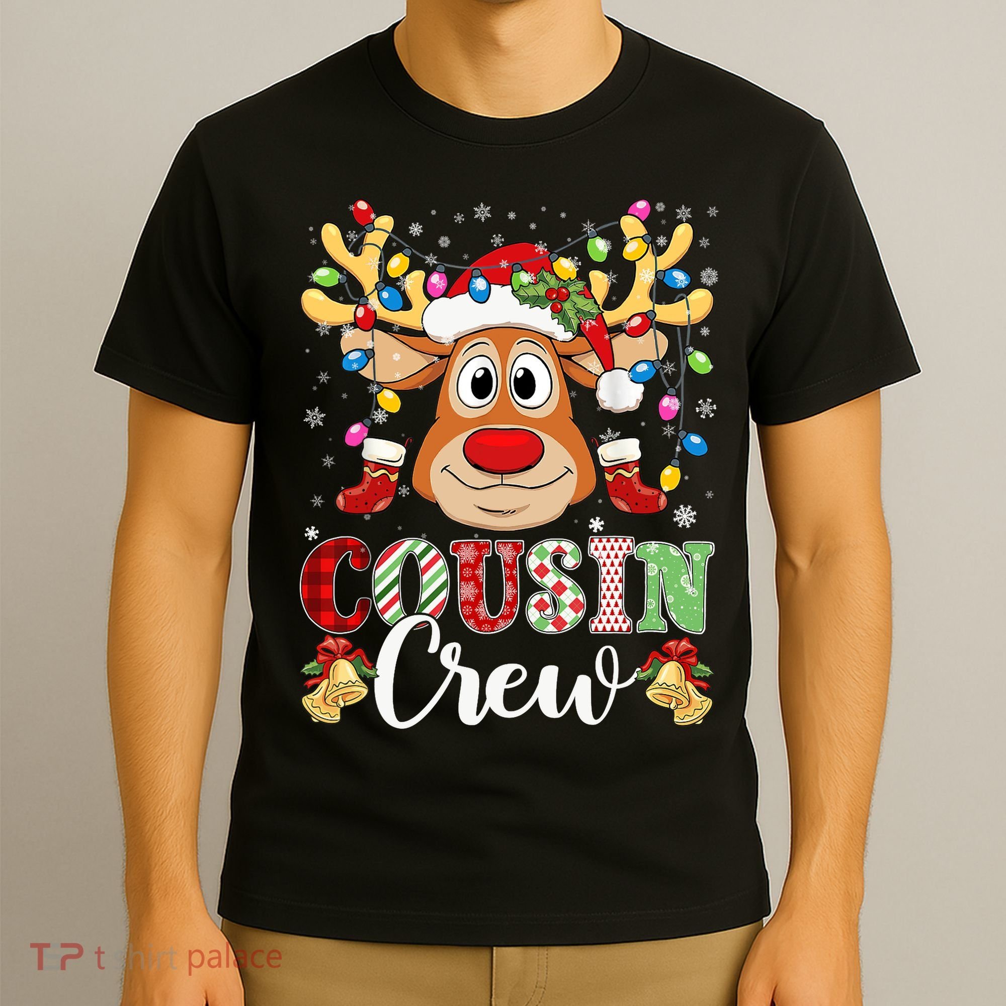 Christmas Cousin Crew Reindeer Santa Hat Lights Teens T-Shirt