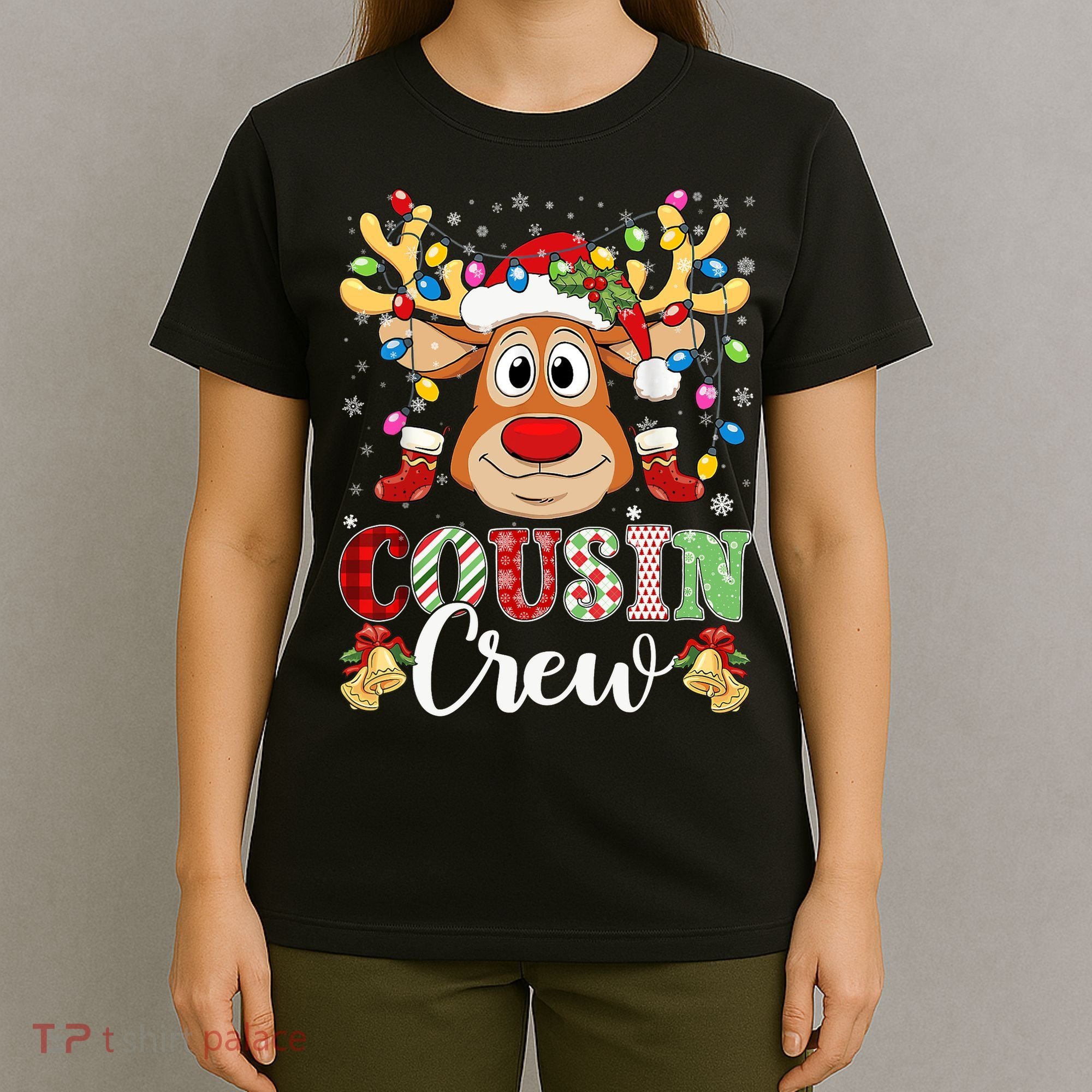 Christmas Cousin Crew Reindeer Santa Hat Lights Teens T-Shirt