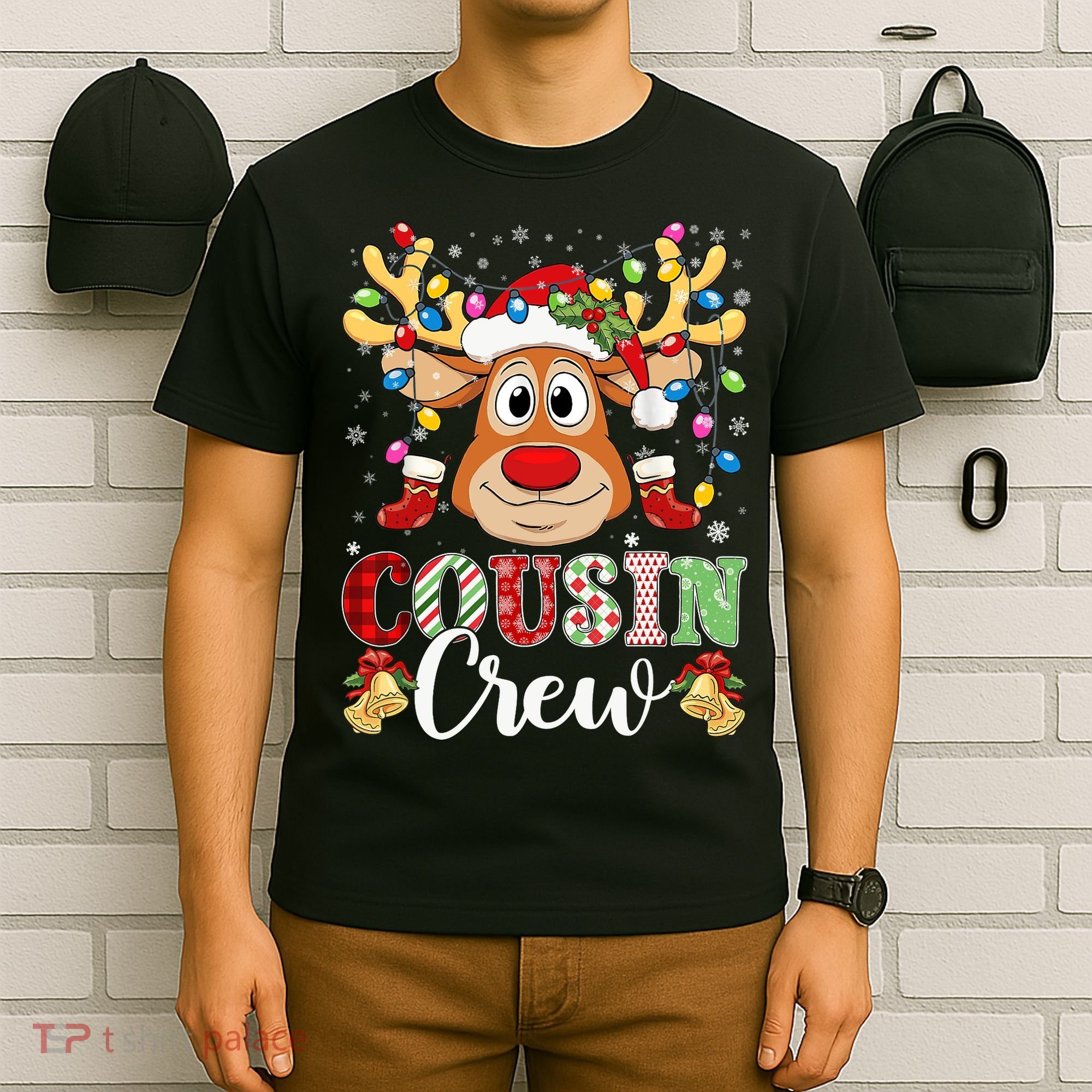 Christmas Cousin Crew Reindeer Santa Hat Lights Teens T-Shirt
