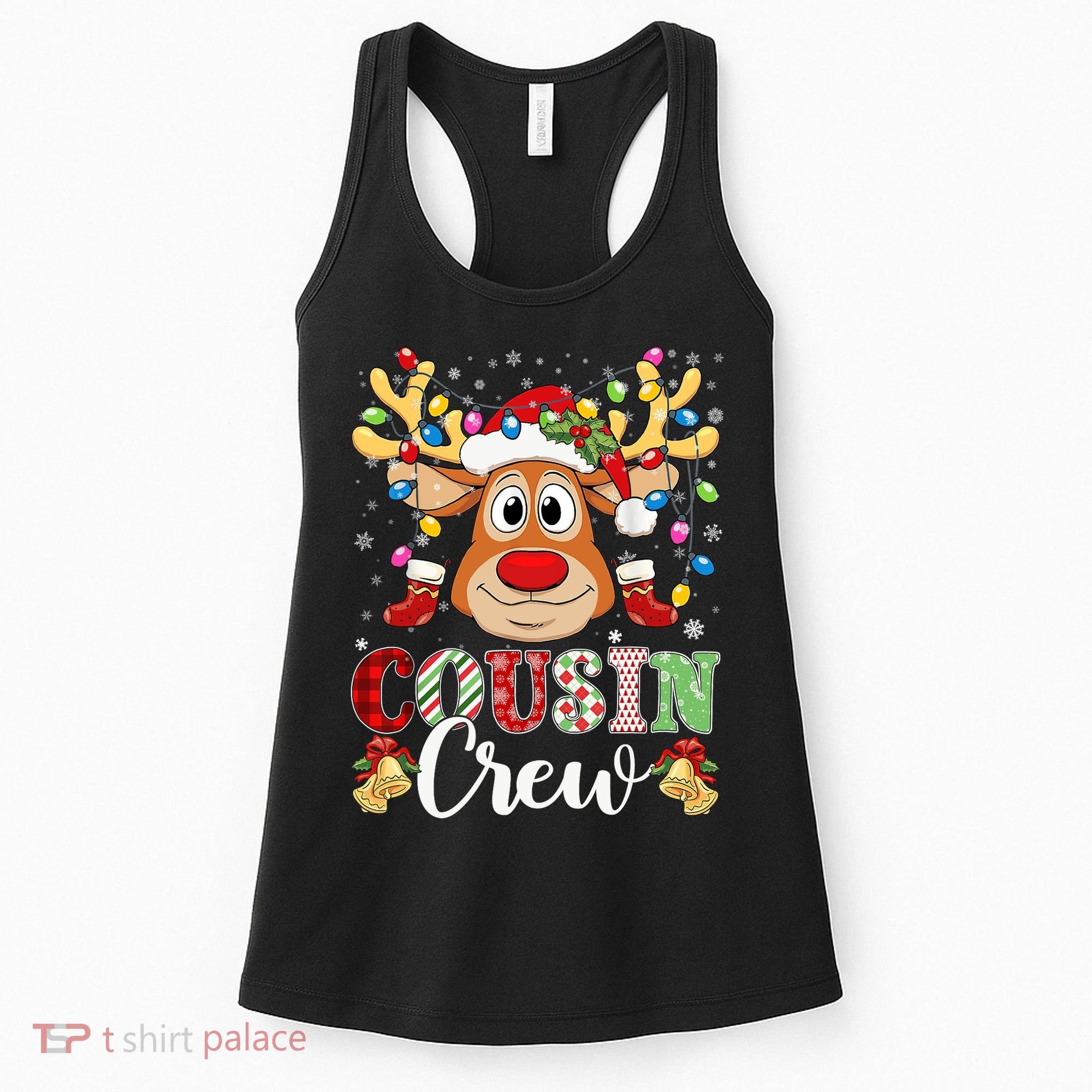Christmas Cousin Crew Reindeer Santa Hat Lights Teens Women's Tank Top