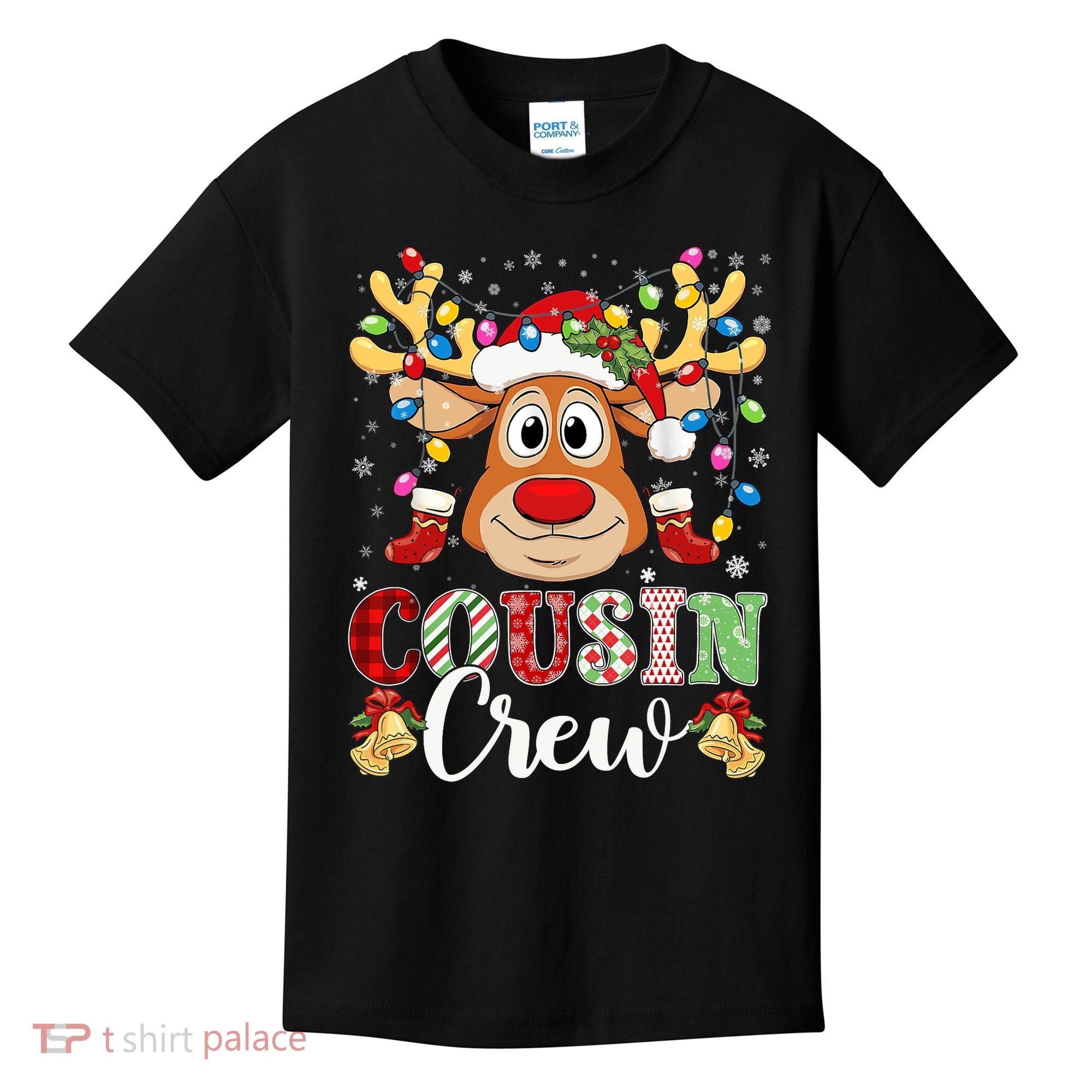 Christmas Cousin Crew Reindeer Santa Hat Lights Teens Kids T-Shirt