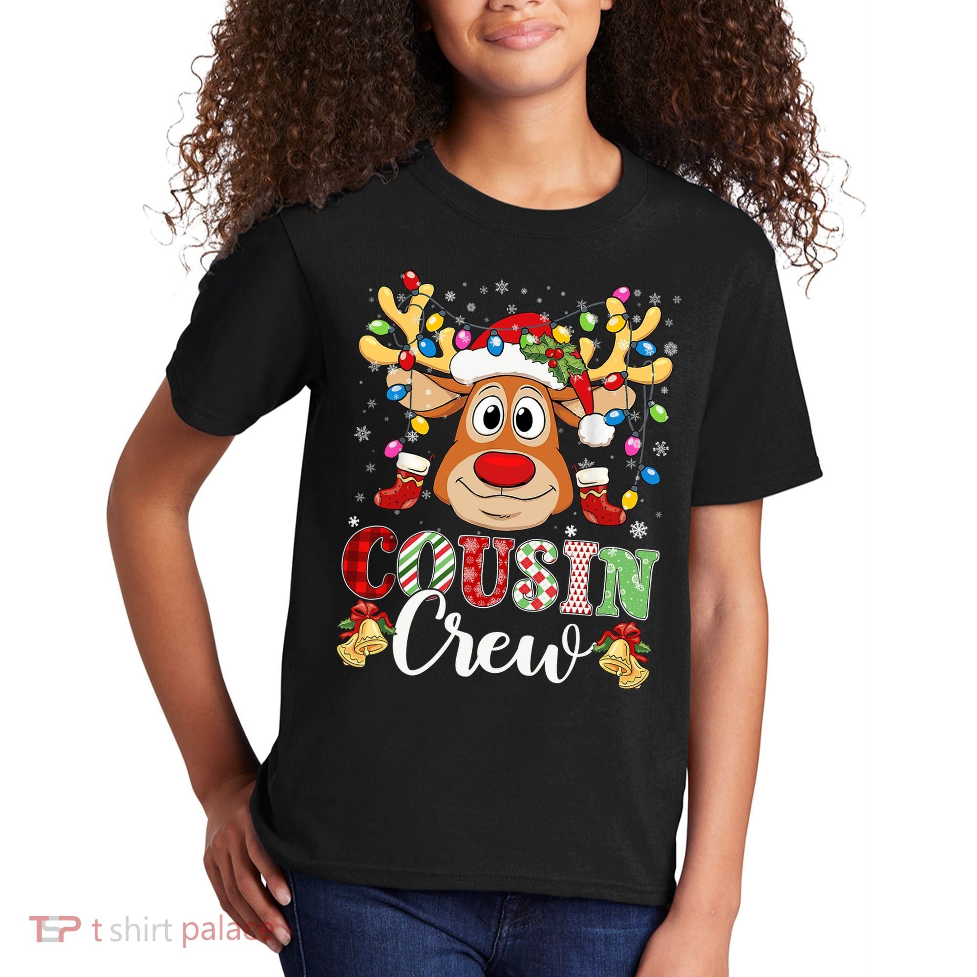 Christmas Cousin Crew Reindeer Santa Hat Lights Teens Kids T-Shirt
