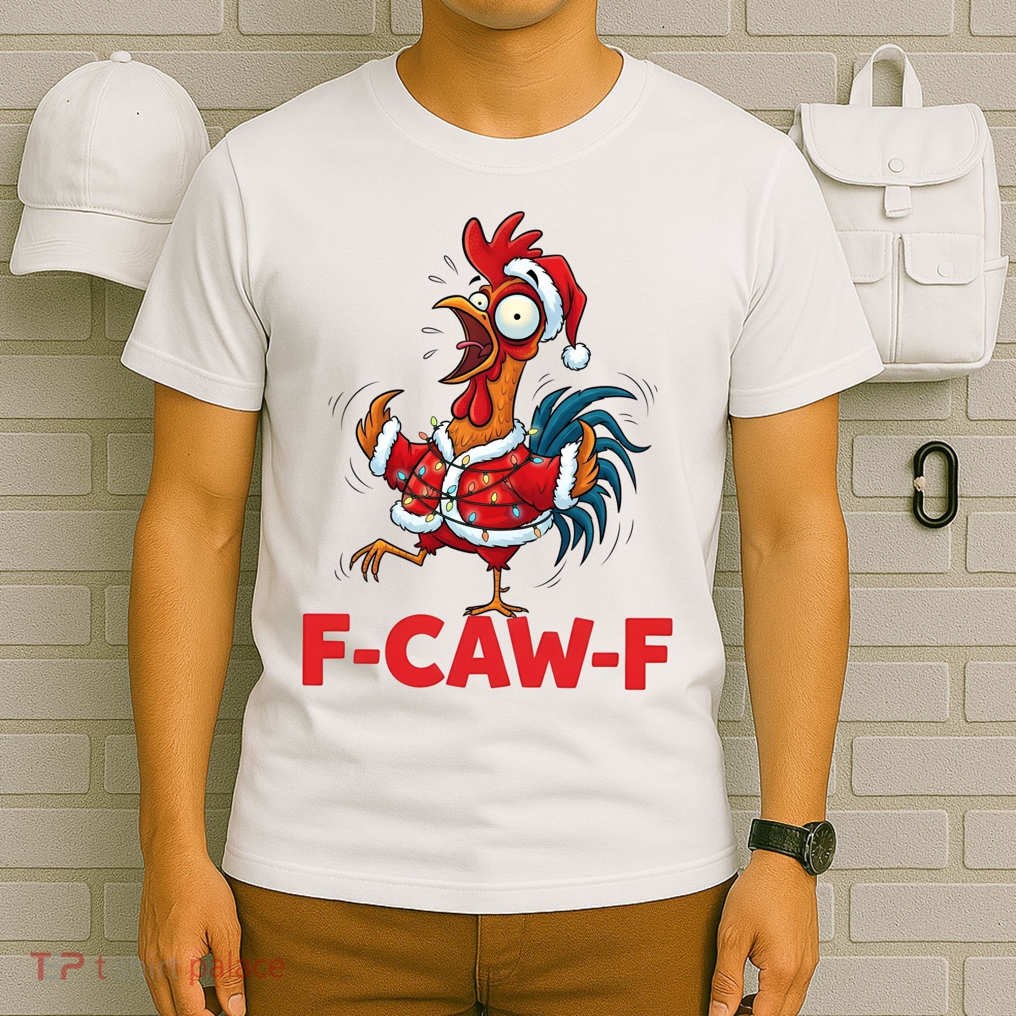 Crazy Chicken Cartoon F-Caw-F Funny Santa Chrismas T-Shirt