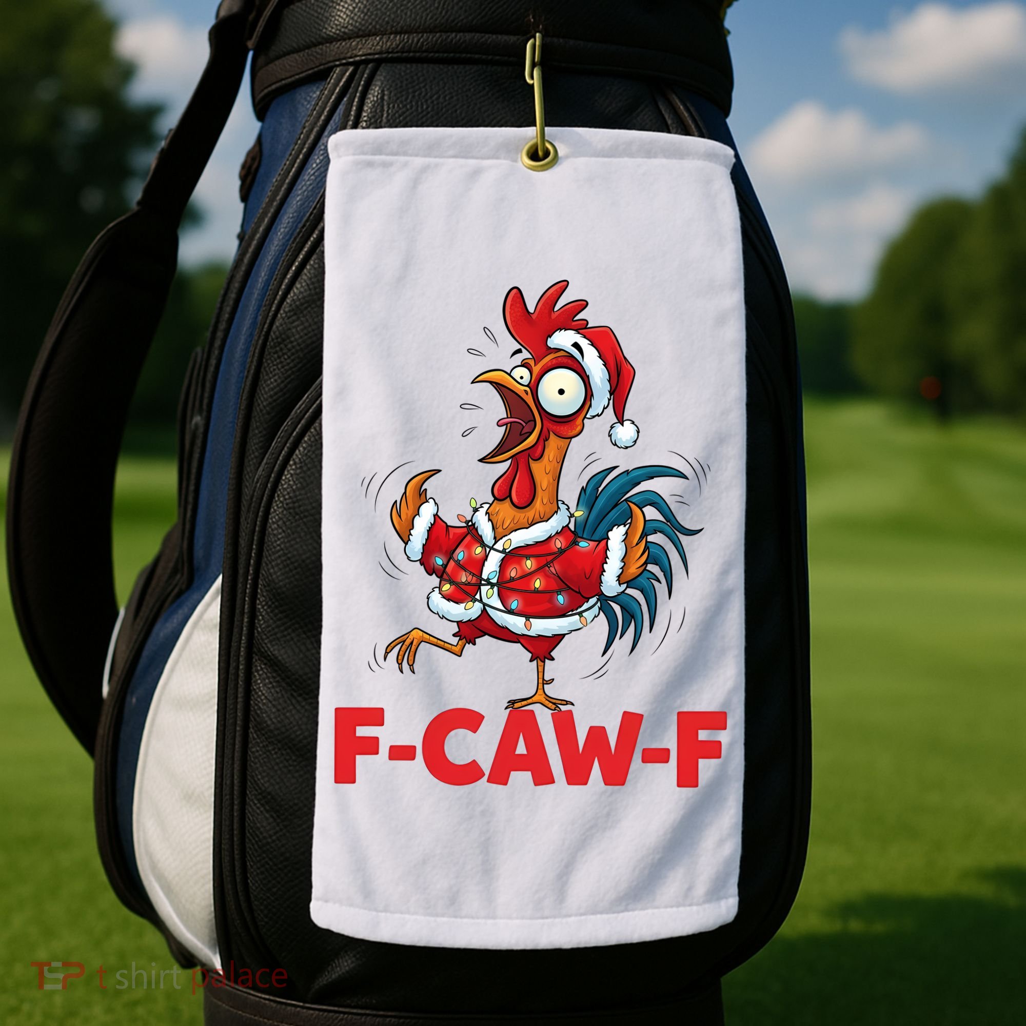 Crazy Chicken Cartoon F-Caw-F Funny Santa Chrismas Golf Towel