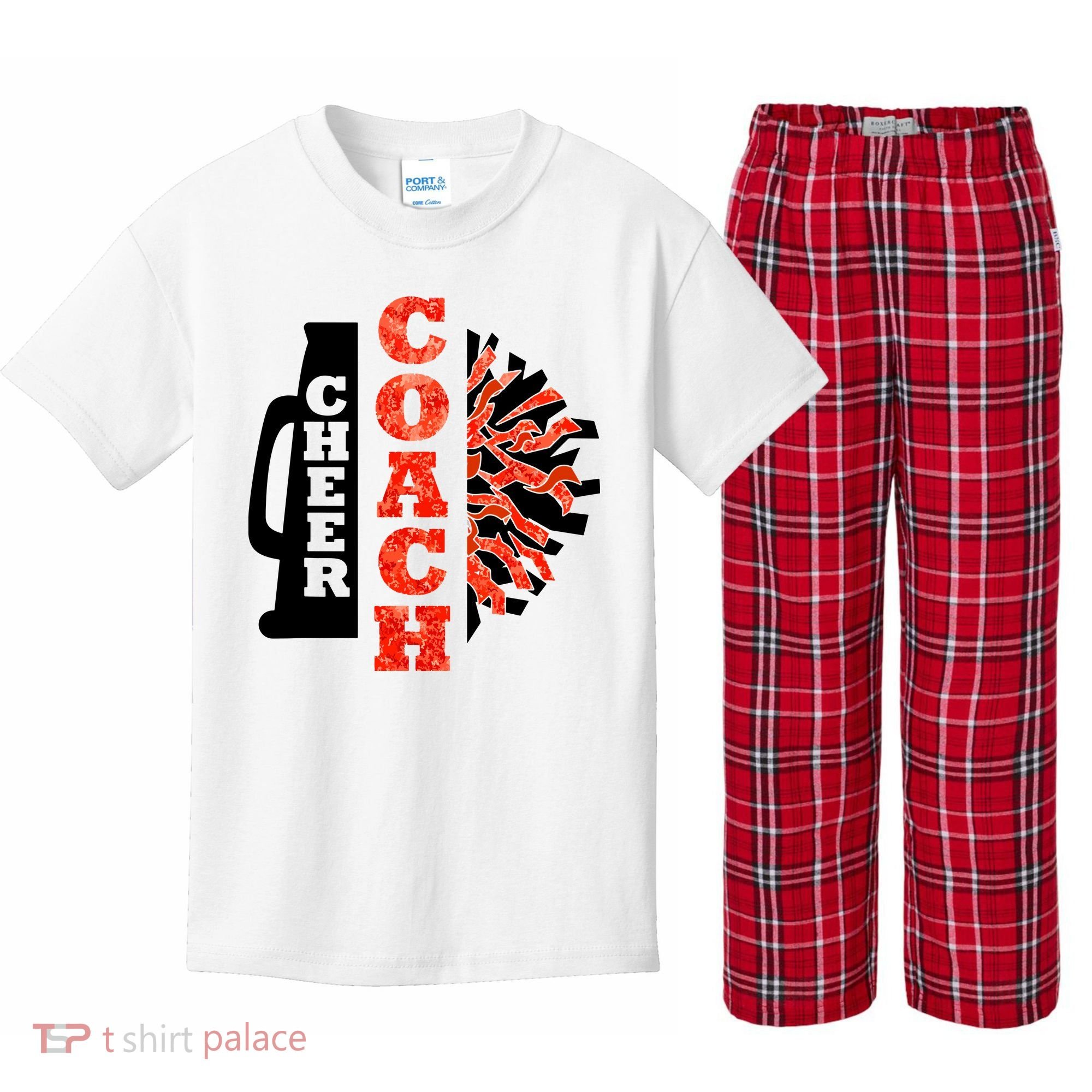 Cheer Coach Cheerleader Megaphone Pom Pom Kids Plaid Pajama Set