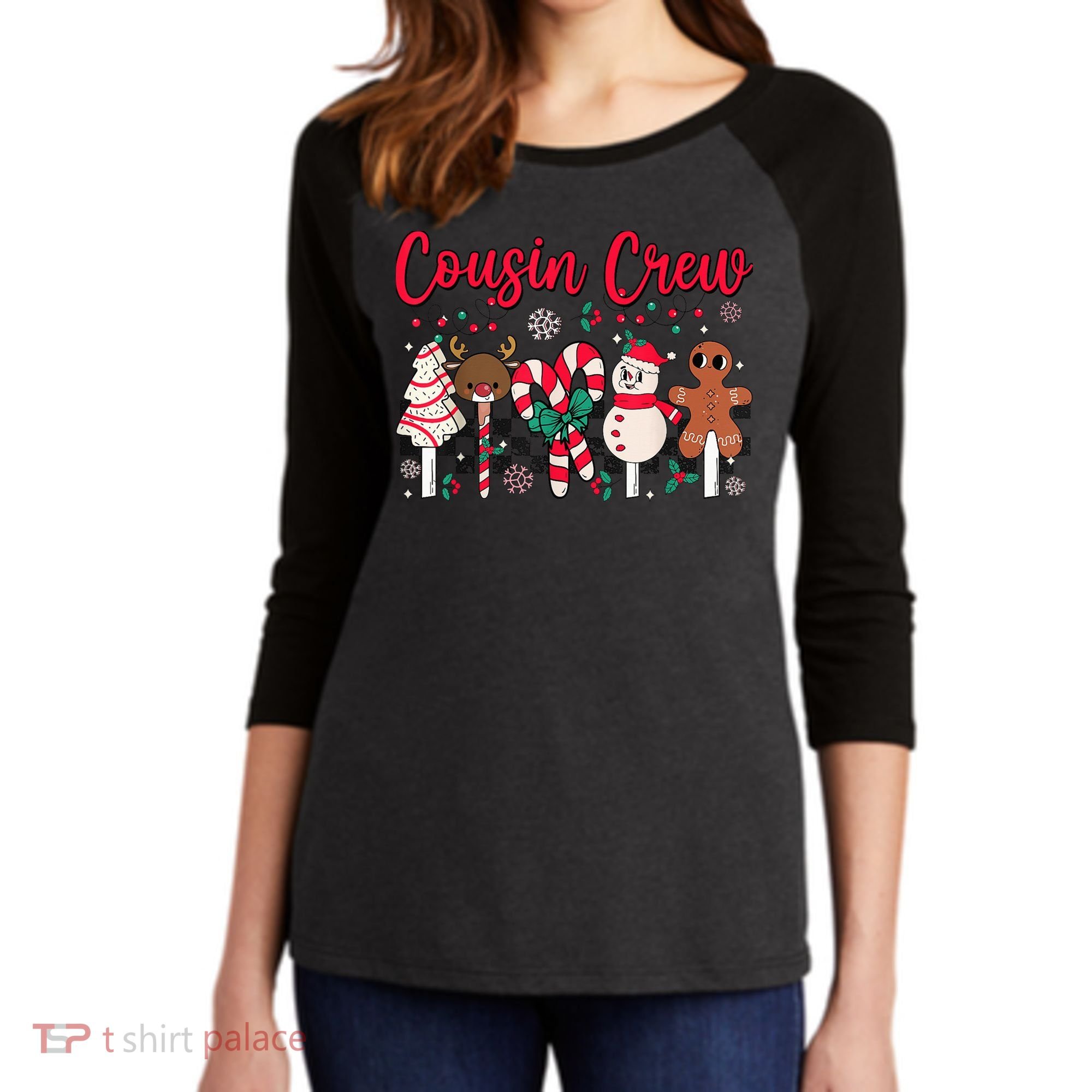 Cousin Crew Christmas Squad Family Matching Cousin Club Kid Women's Tri-Blend 3/4-Sleeve Raglan Shirt