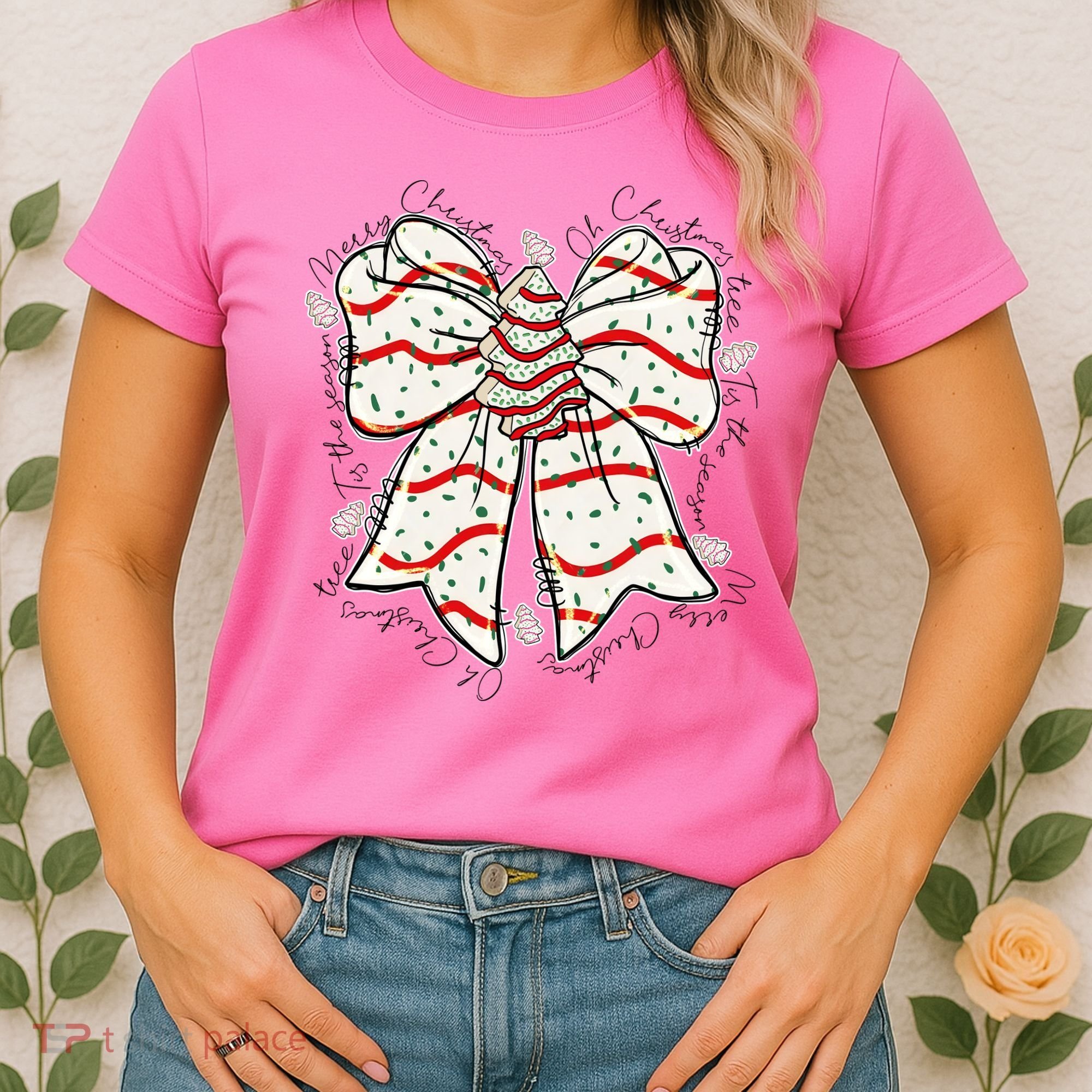 Cute Coquette Christmas Tree Cake Ribbon Bow  Women's T-Shirt