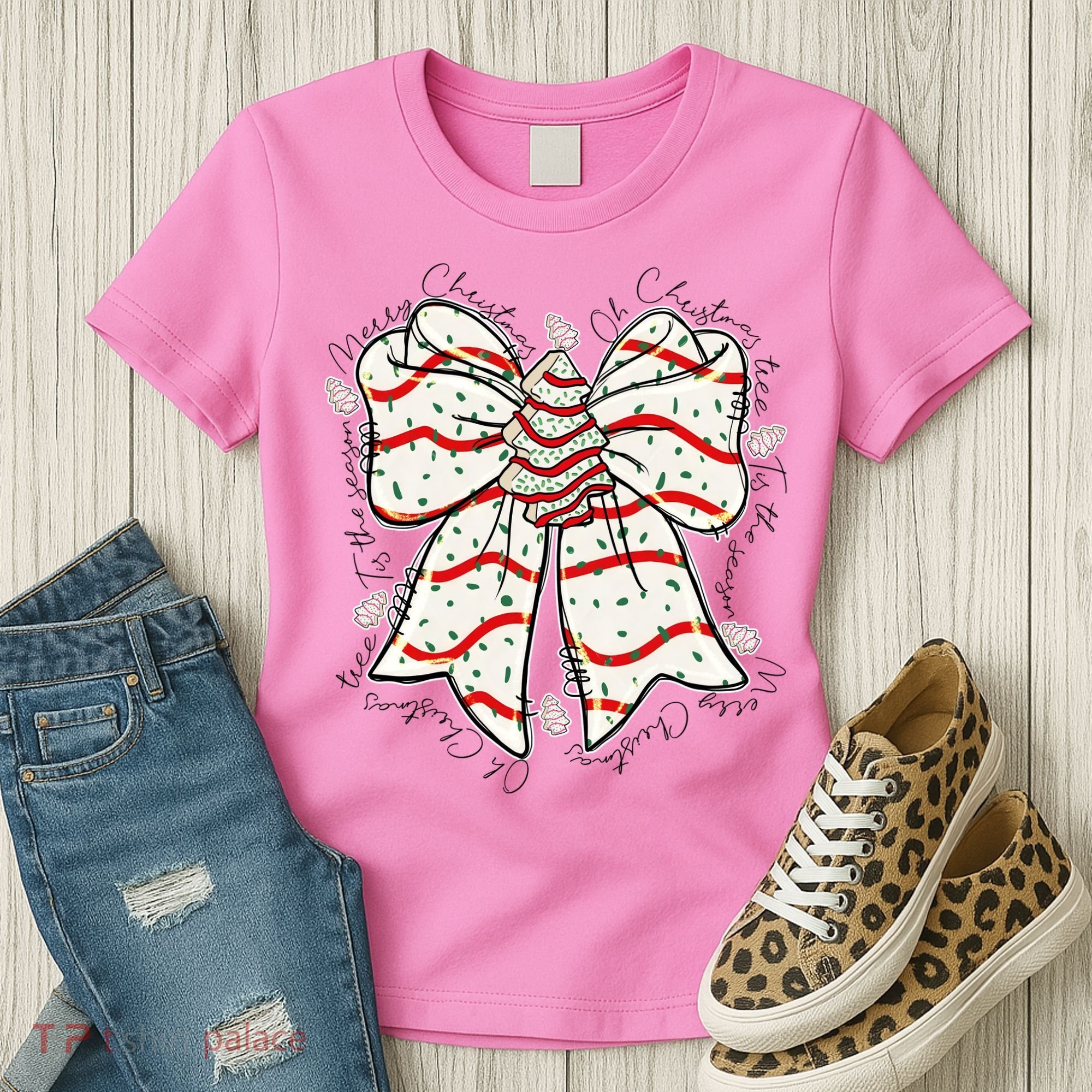 Cute Coquette Christmas Tree Cake Ribbon Bow  Women's T-Shirt