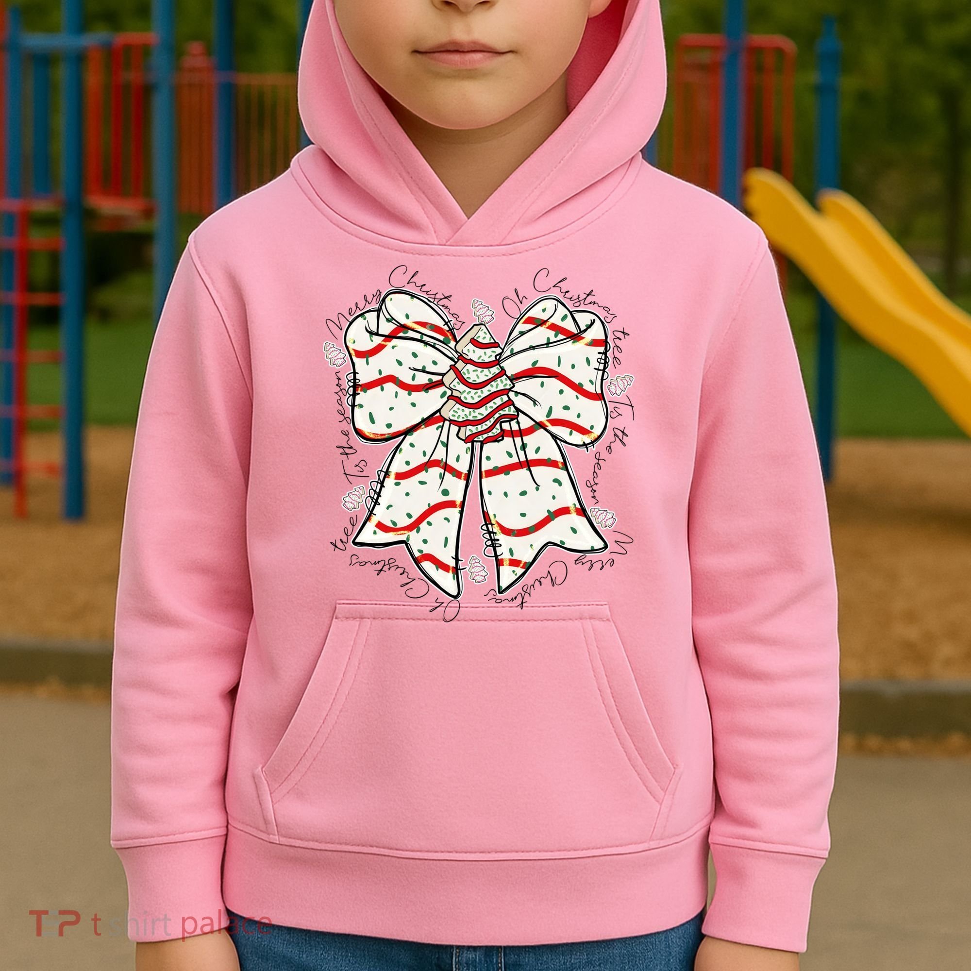 Cute Coquette Christmas Tree Cake Ribbon Bow  Kids Hoodie