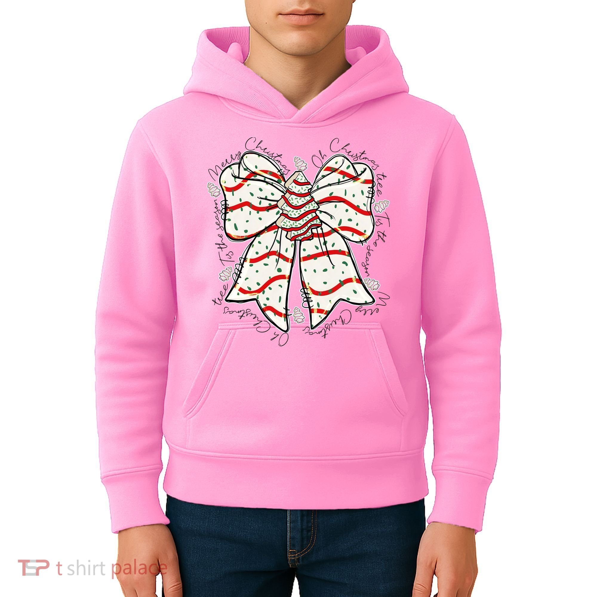 Cute Coquette Christmas Tree Cake Ribbon Bow  Kids Hoodie