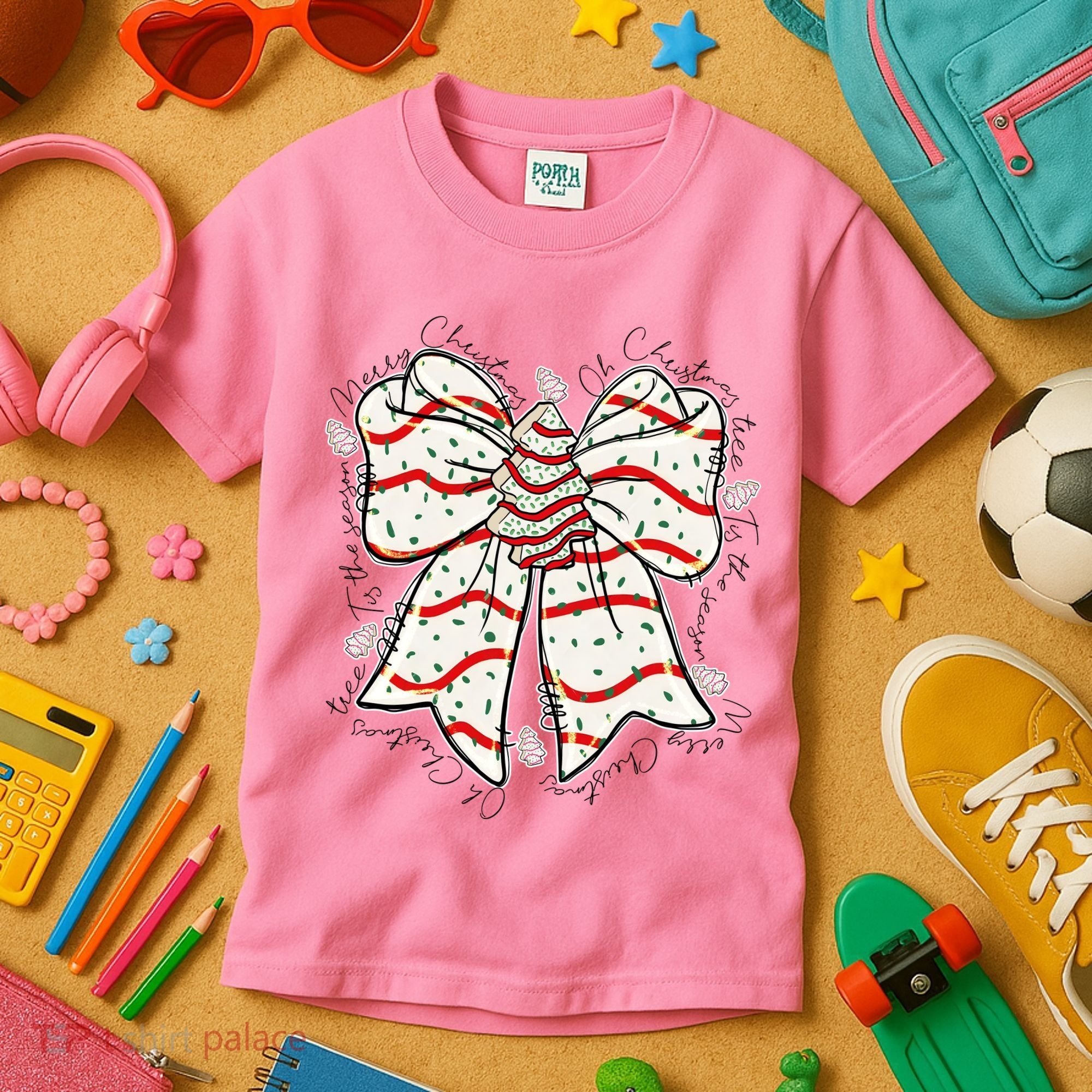 Cute Coquette Christmas Tree Cake Ribbon Bow  Kids T-Shirt